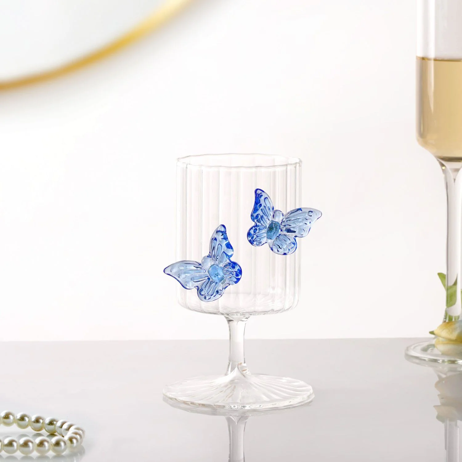 3D Butterfly Detailing Ribbed Wine Glass Blue 250ml - Image 10