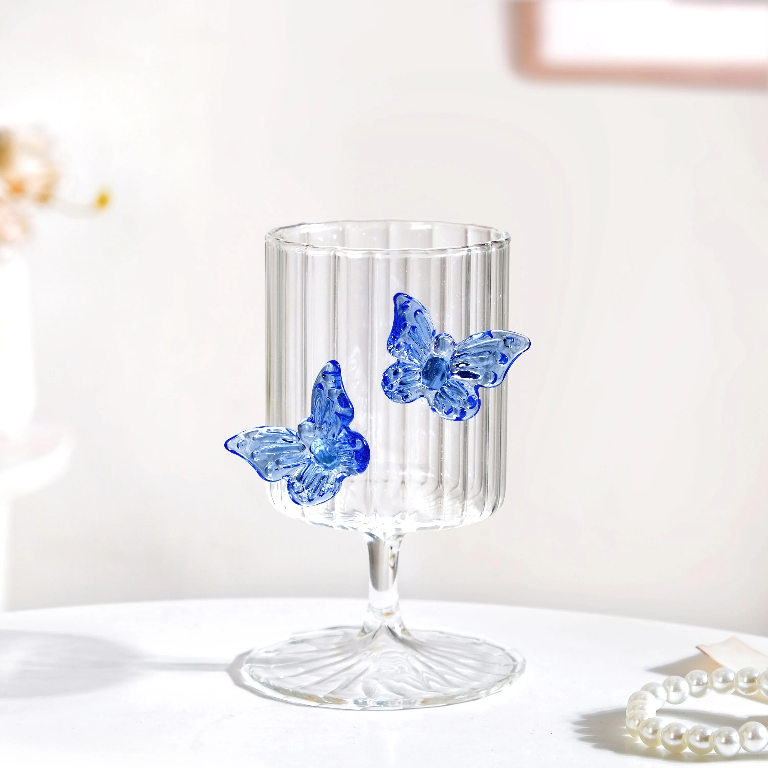 3D Butterfly Detailing Ribbed Wine Glass Blue 250ml - Image 2