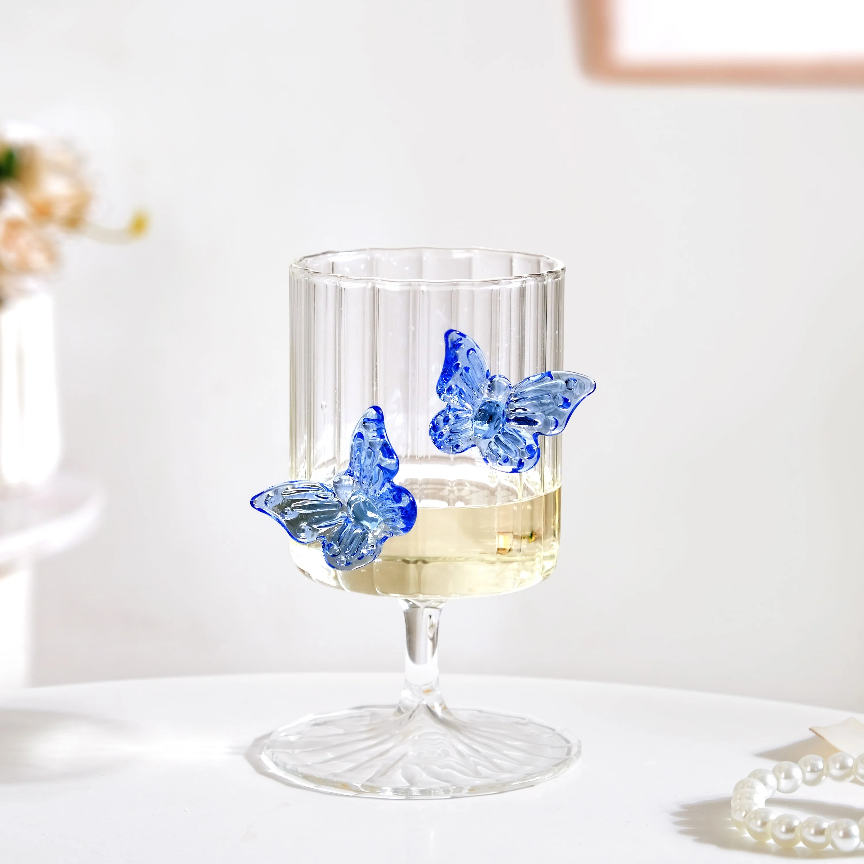3D Butterfly Detailing Ribbed Wine Glass Blue 250ml - Image 3