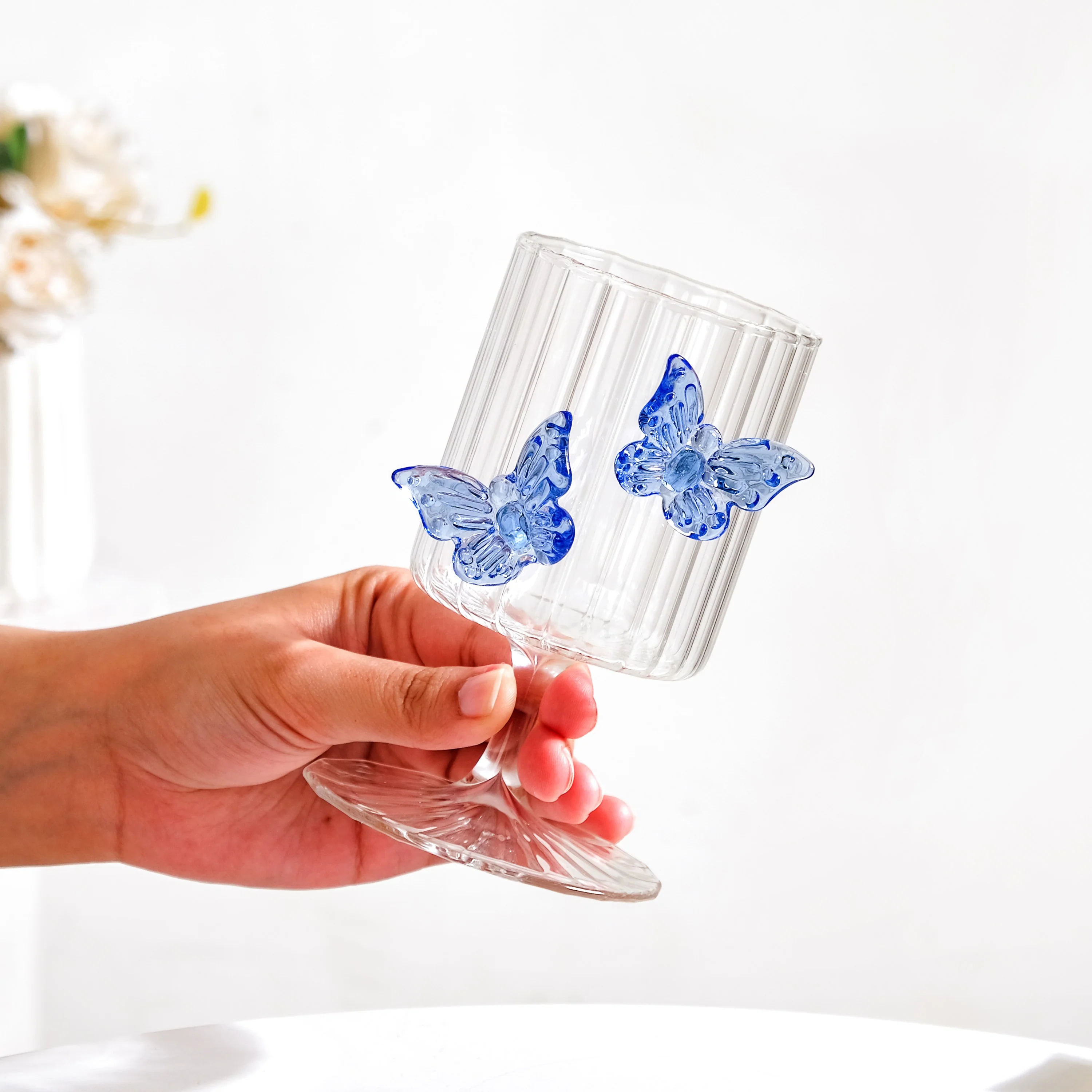 3D Butterfly Detailing Ribbed Wine Glass Blue 250ml - Image 4