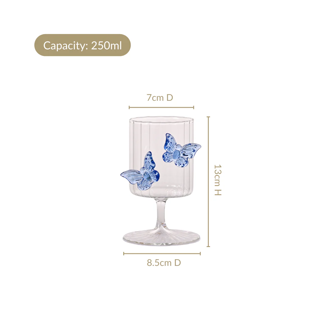 3D Butterfly Detailing Ribbed Wine Glass Blue 250ml - Image 5