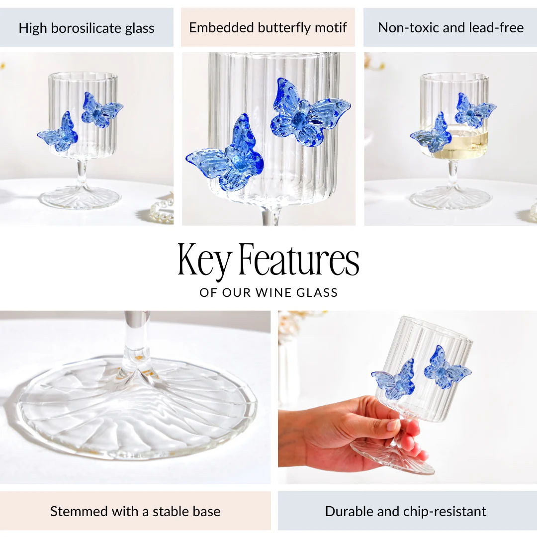 3D Butterfly Detailing Ribbed Wine Glass Blue 250ml - Image 6