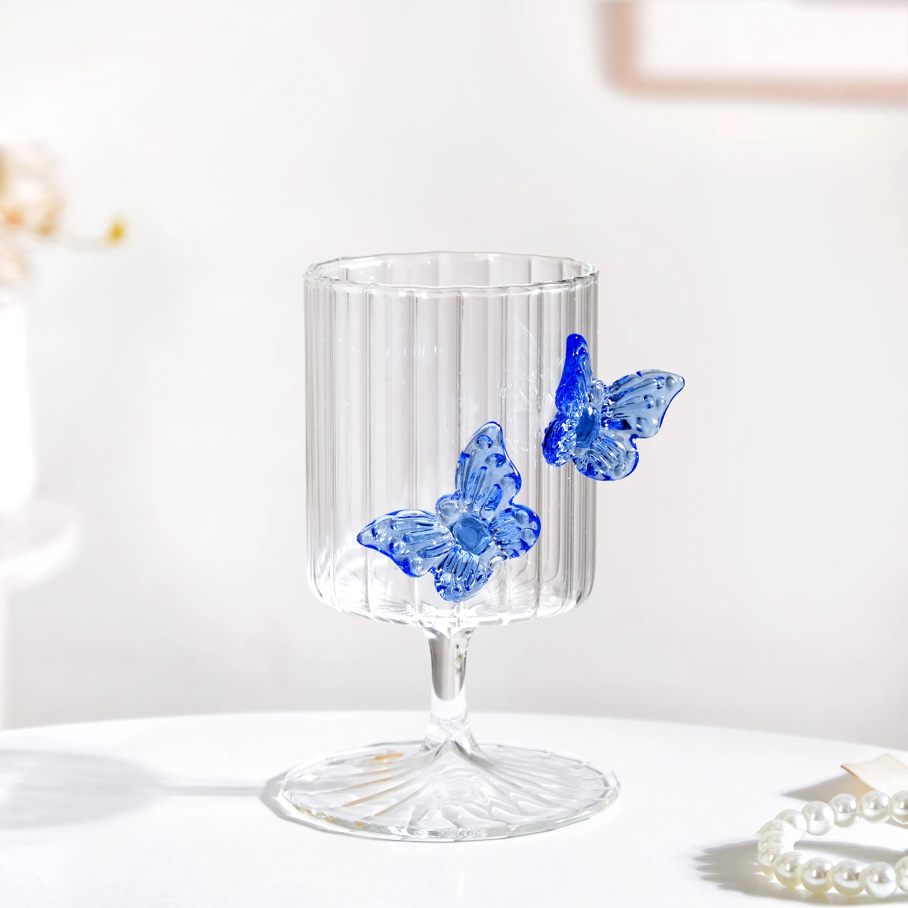 3D Butterfly Detailing Ribbed Wine Glass Blue 250ml - Image 9