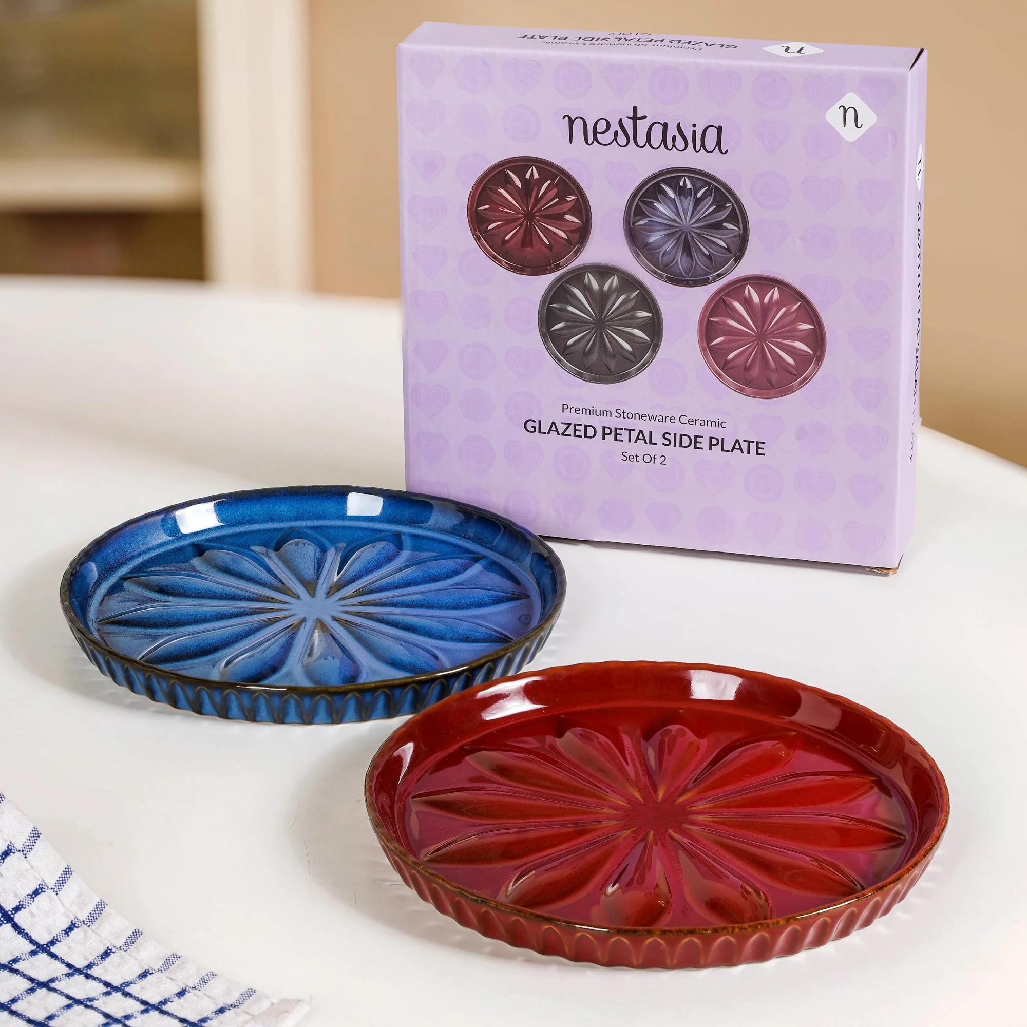 3D Flower Embossed Salad Plate Set Of 2 Red Blue 19cm - Image 9