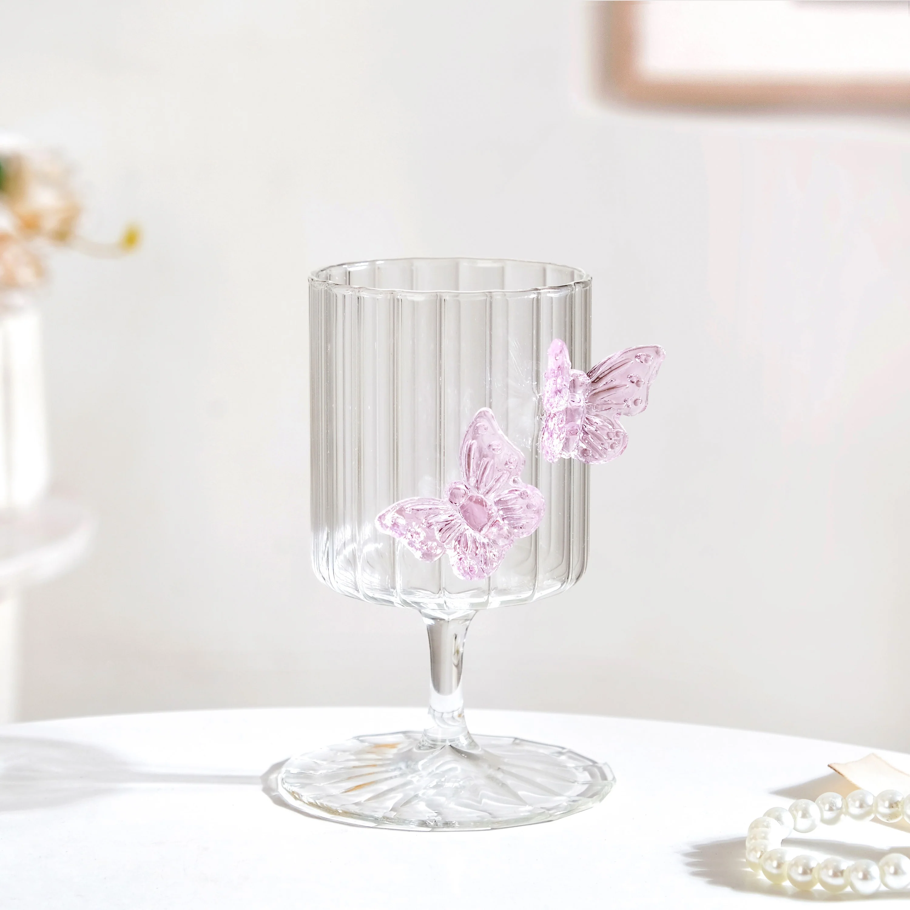 3D Pink Butterfly Ribbed Wine Glass 250ml - Image 10