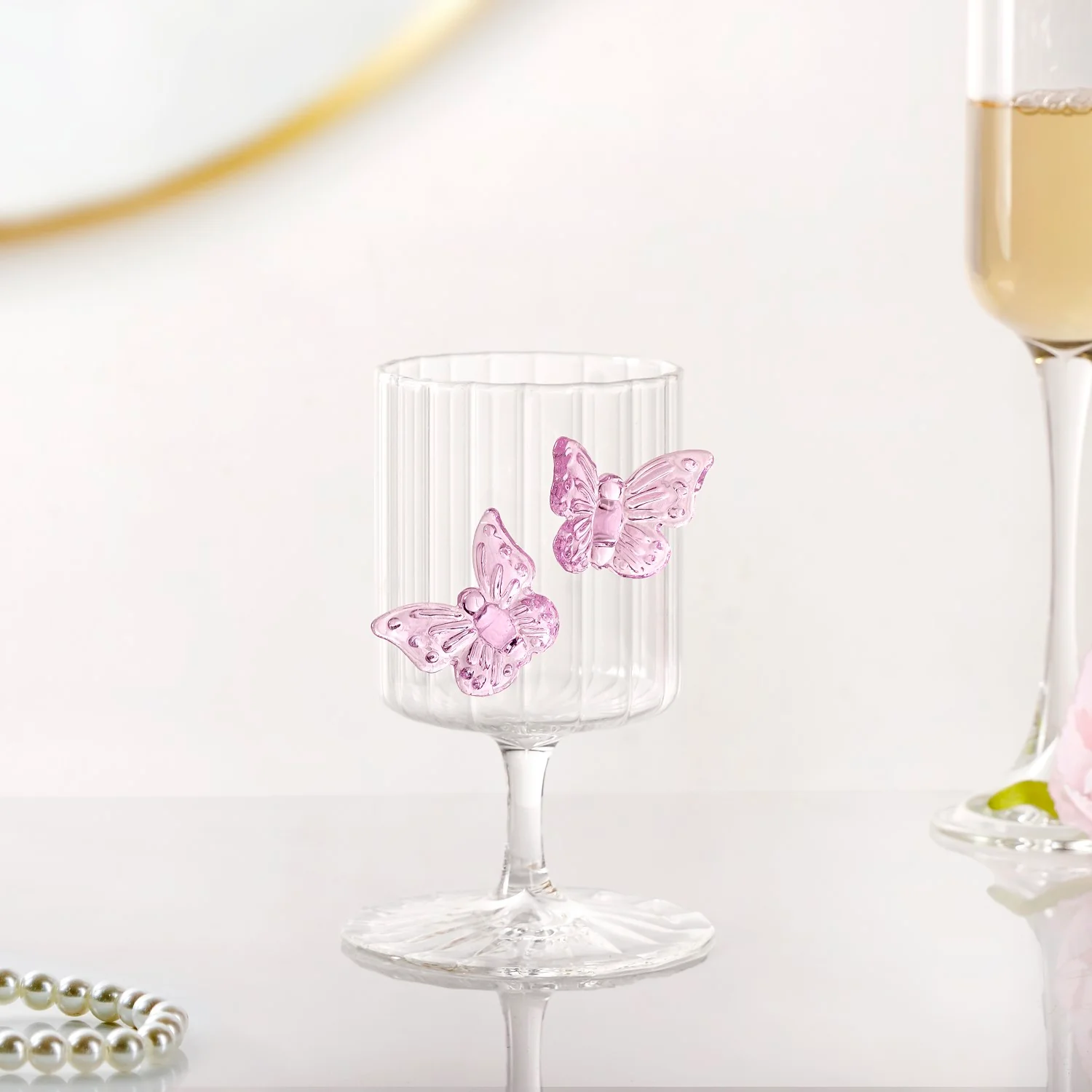 3D Pink Butterfly Ribbed Wine Glass 250ml - Image 2
