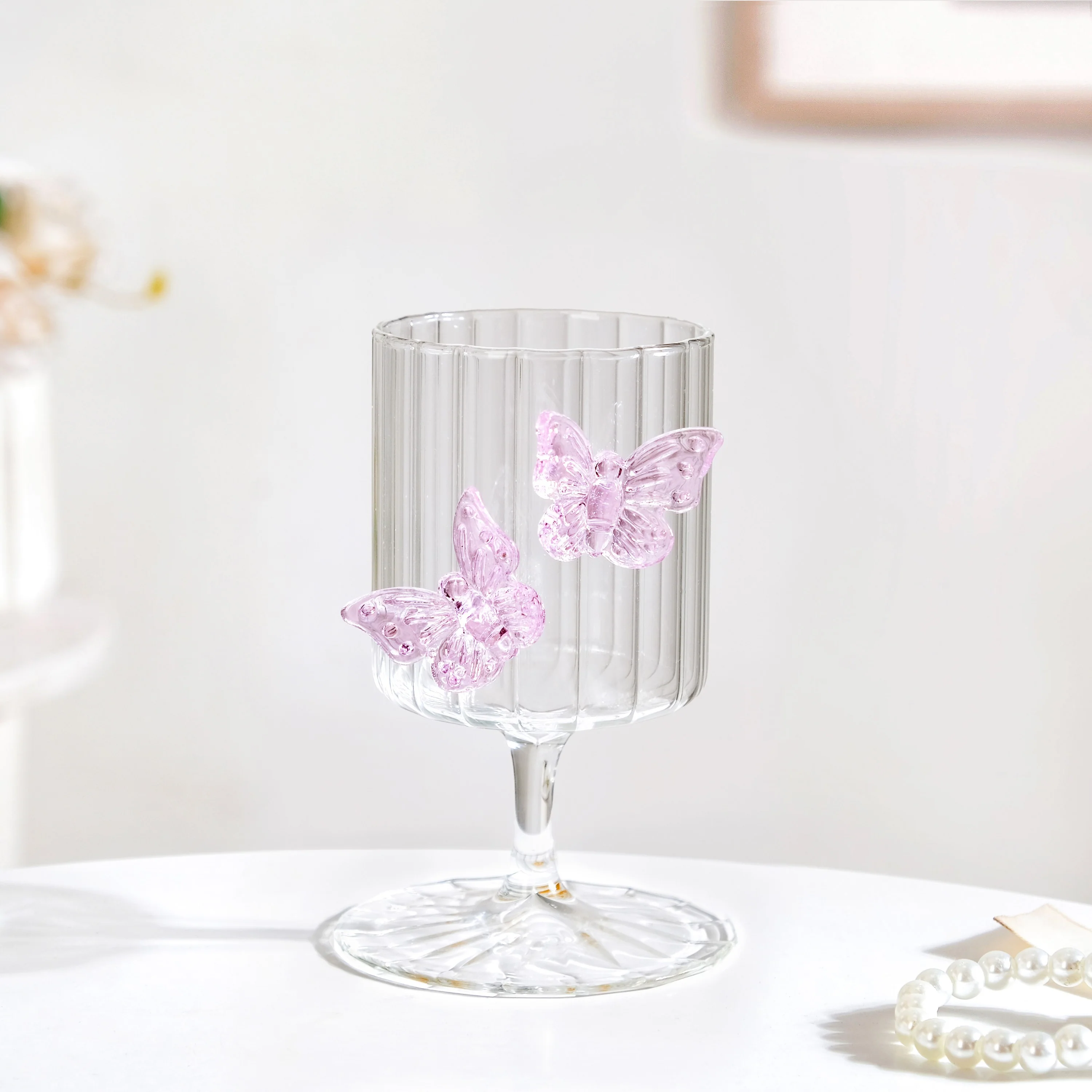 3D Pink Butterfly Ribbed Wine Glass 250ml - Image 4