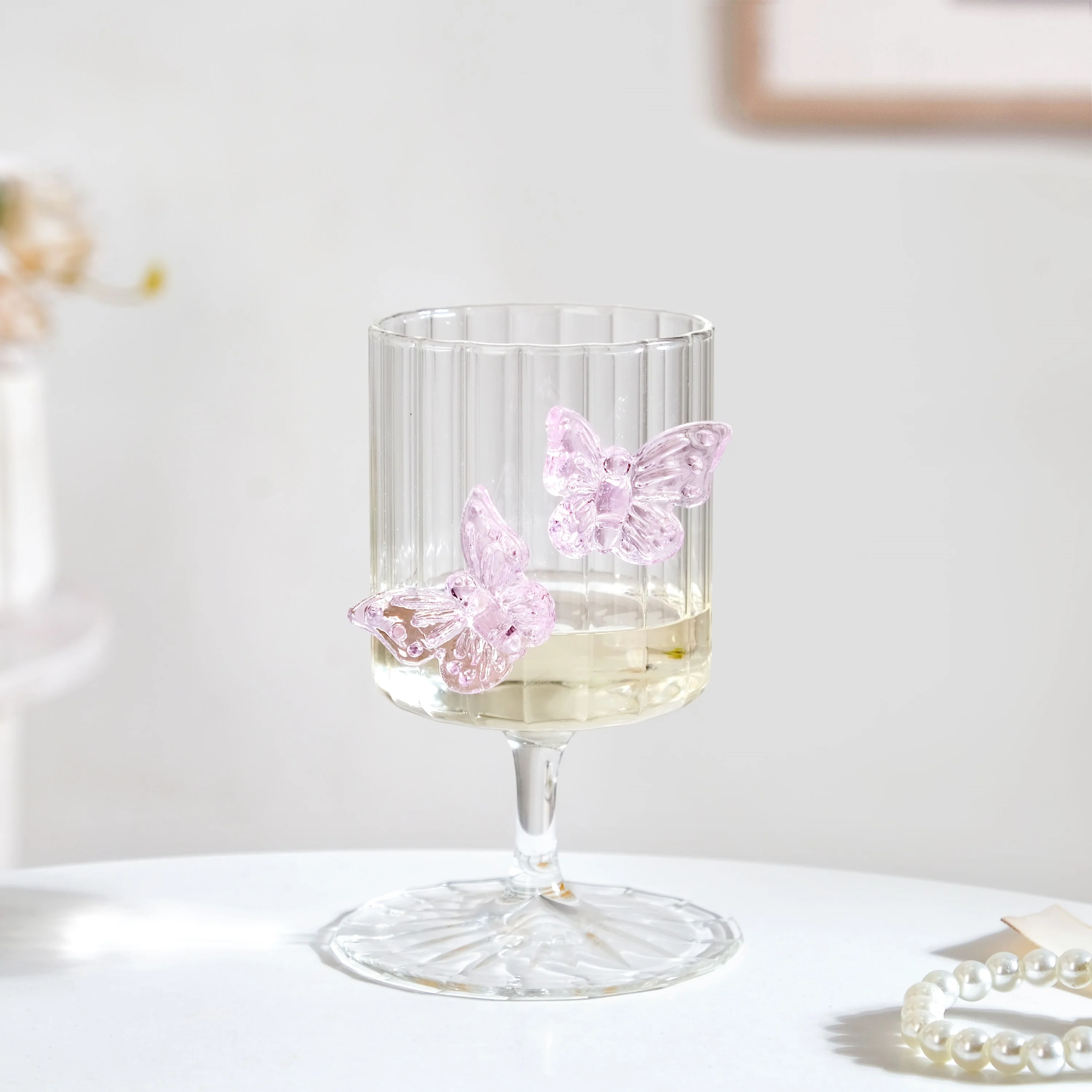 3D Pink Butterfly Ribbed Wine Glass 250ml - Image 5