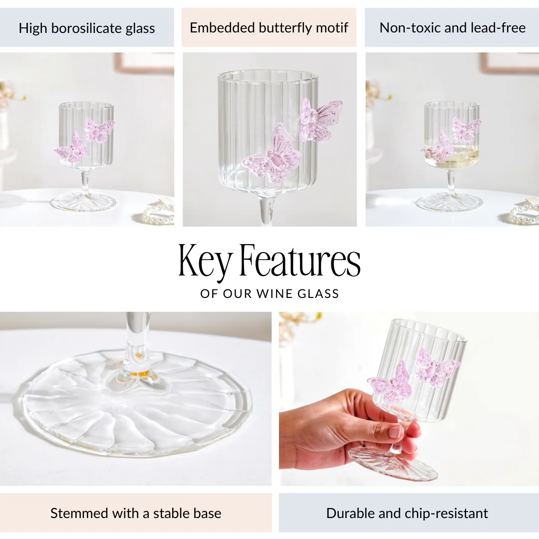 3D Pink Butterfly Ribbed Wine Glass 250ml - Image 7