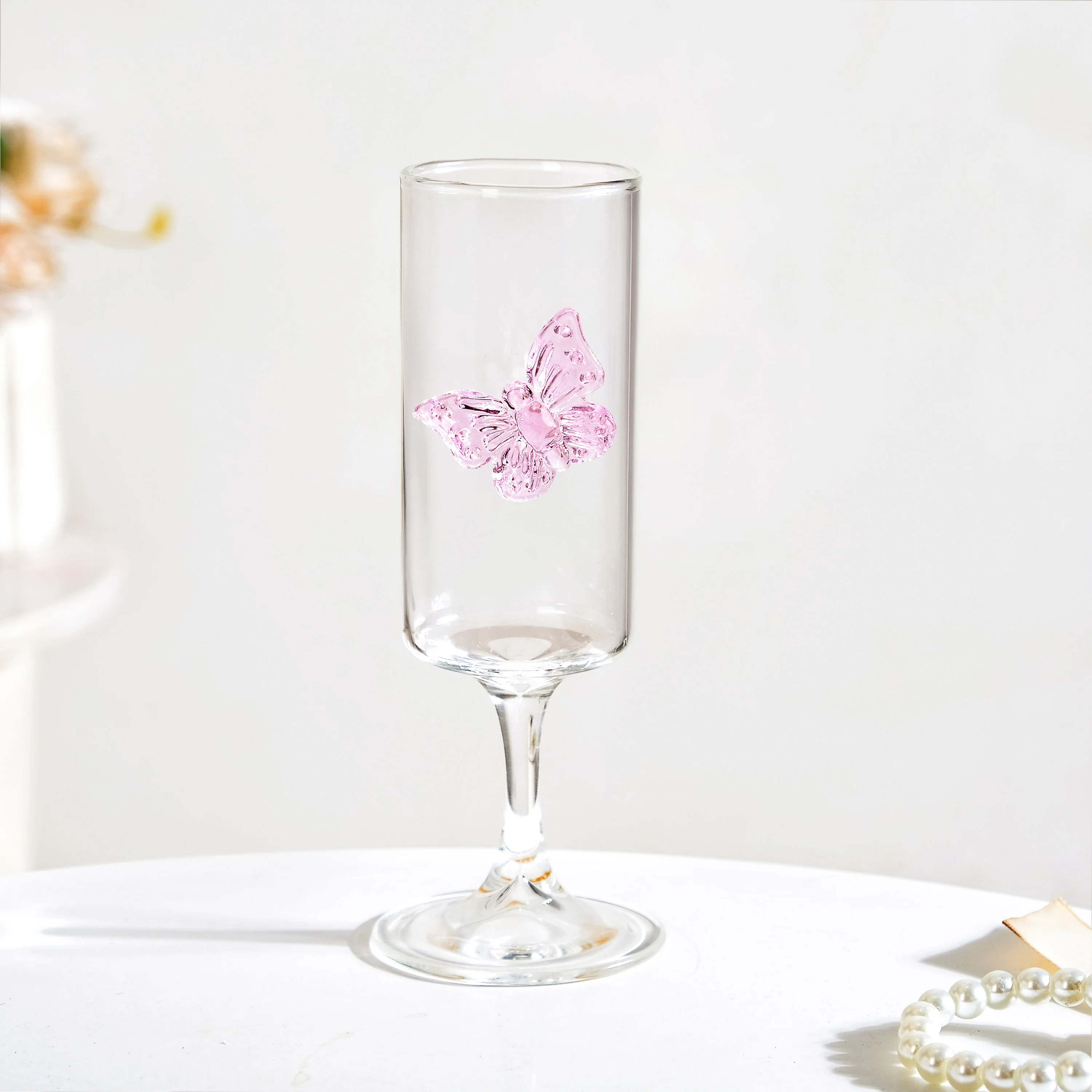 3D Pink Butterfly Stem Glass 190ml - Image 2