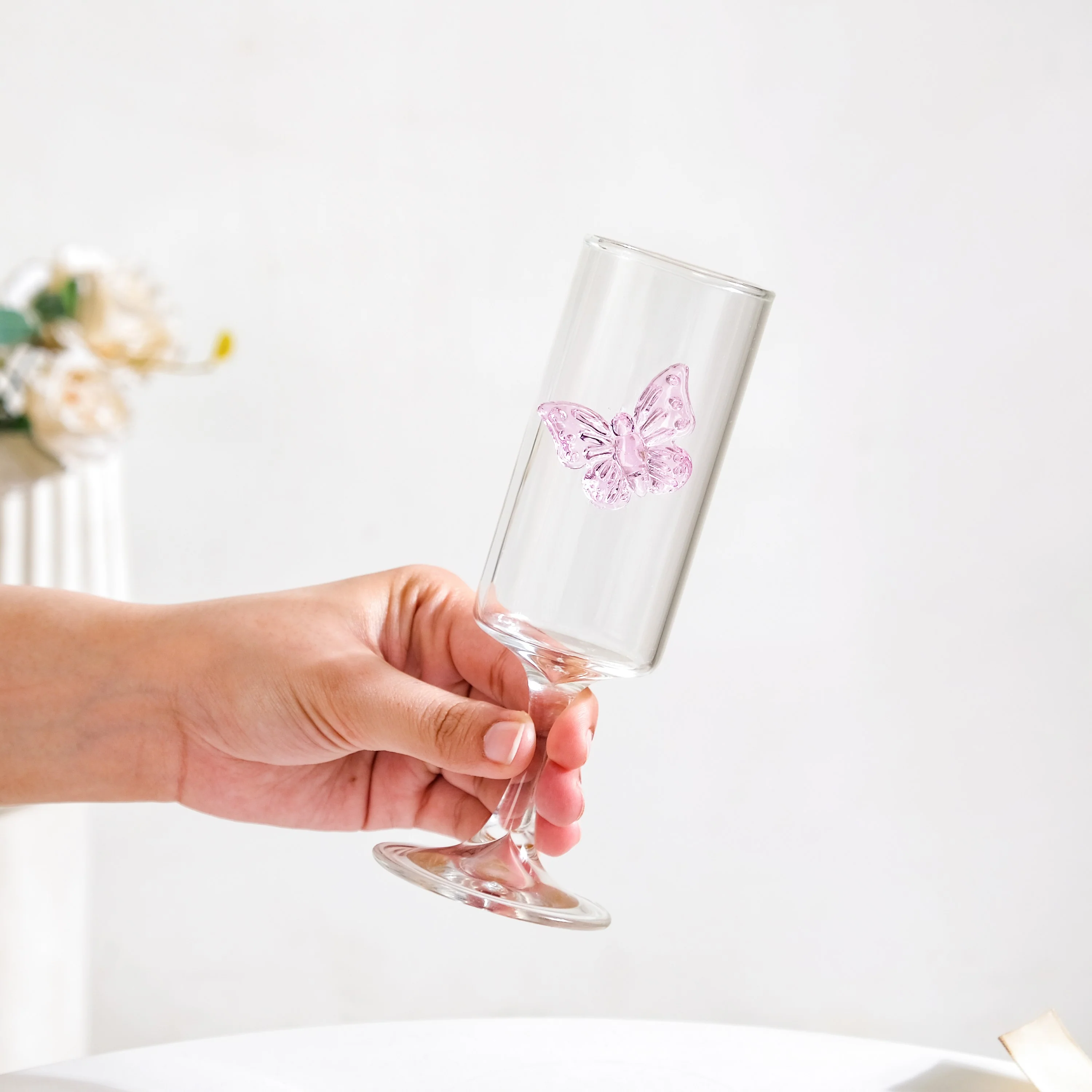 3D Pink Butterfly Stem Glass 190ml - Image 3