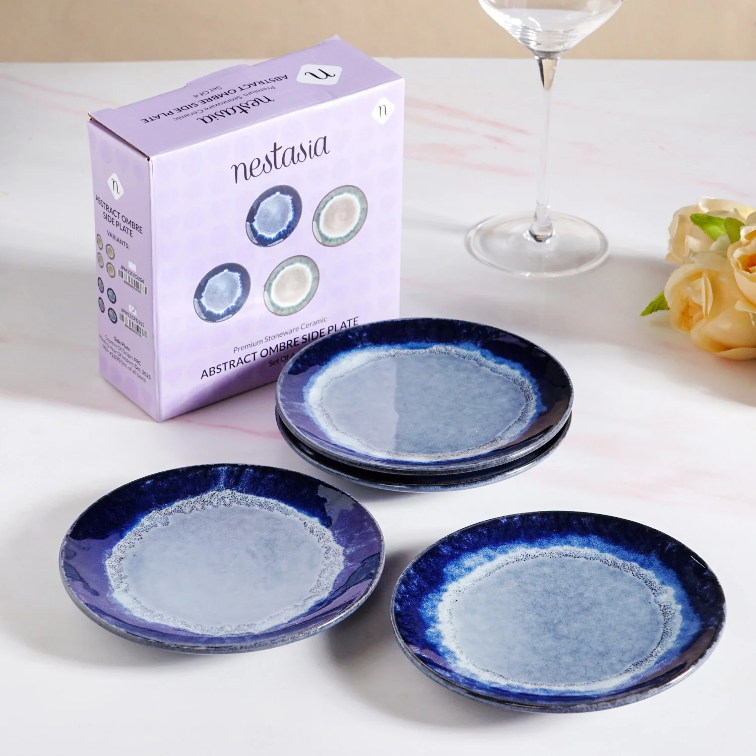 Abstract Ombre Blue Ceramic Dessert Plate Set Of 4 15cm - Image 2