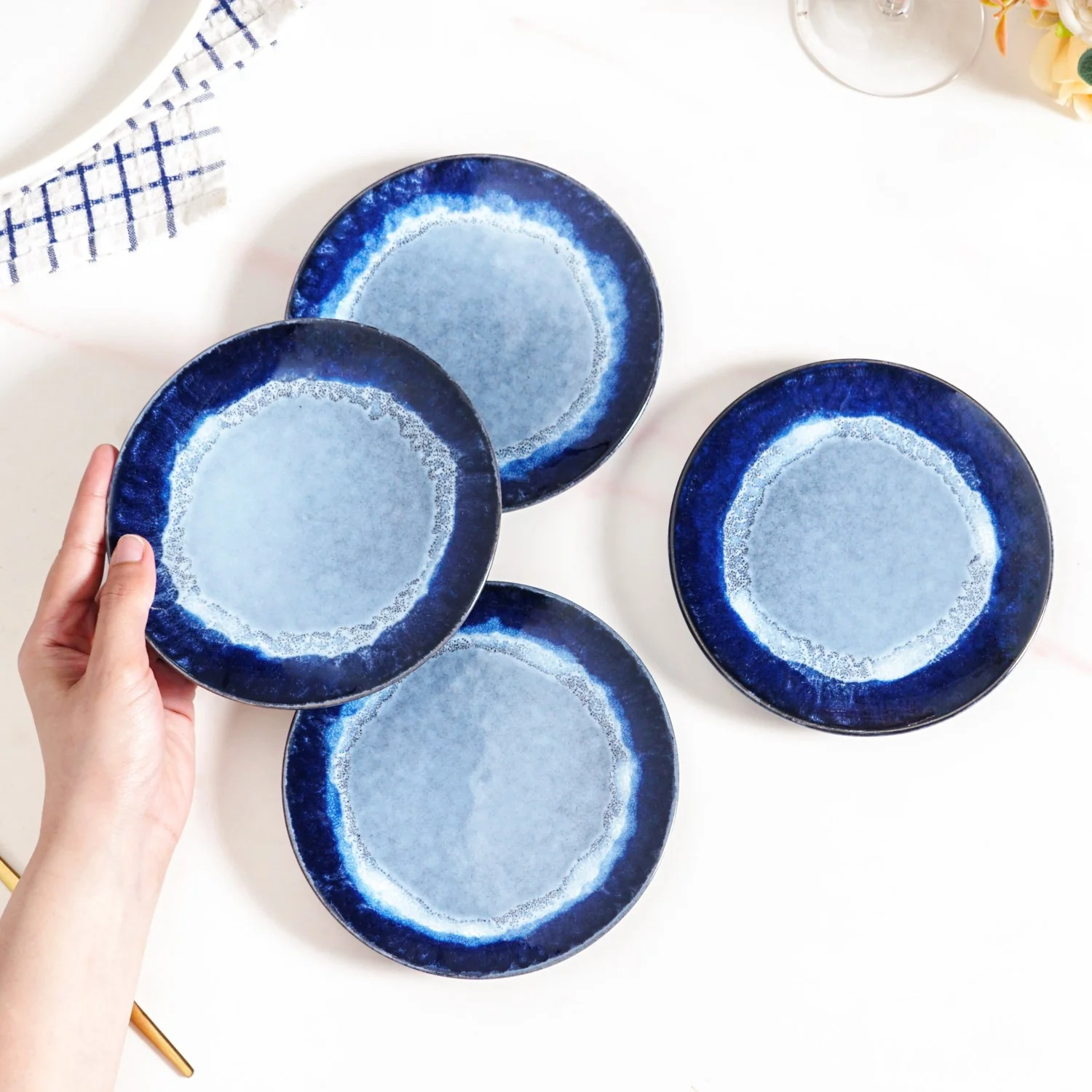 Abstract Ombre Blue Ceramic Dessert Plate Set Of 4 15cm - Image 3