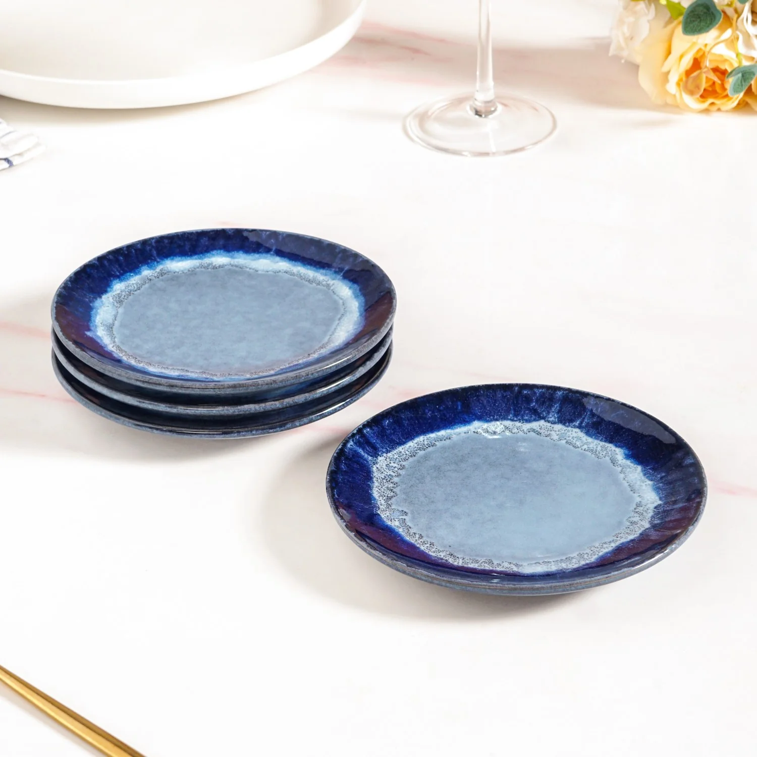 Abstract Ombre Blue Ceramic Dessert Plate Set Of 4 15cm - Image 8