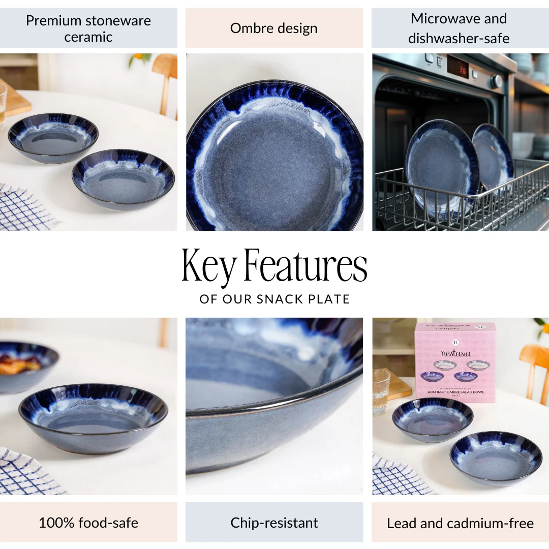 Abstract Ombre Blue Ceramic Salad Bowl Set Of 2 650ml - Image 4