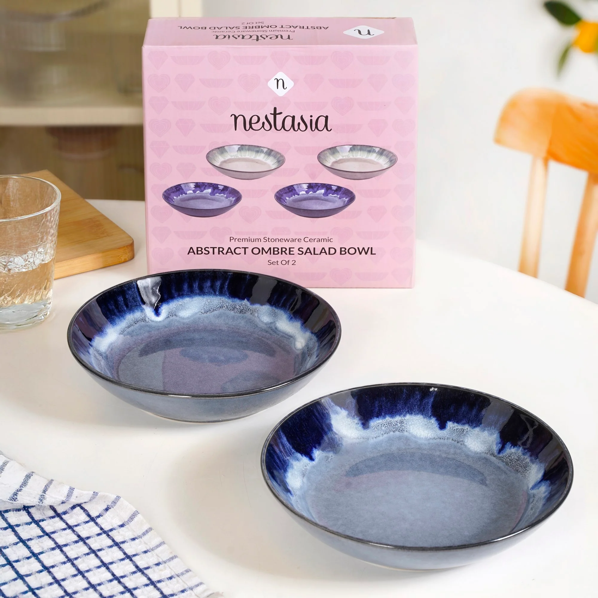 Abstract Ombre Blue Ceramic Salad Bowl Set Of 2 650ml - Image 9