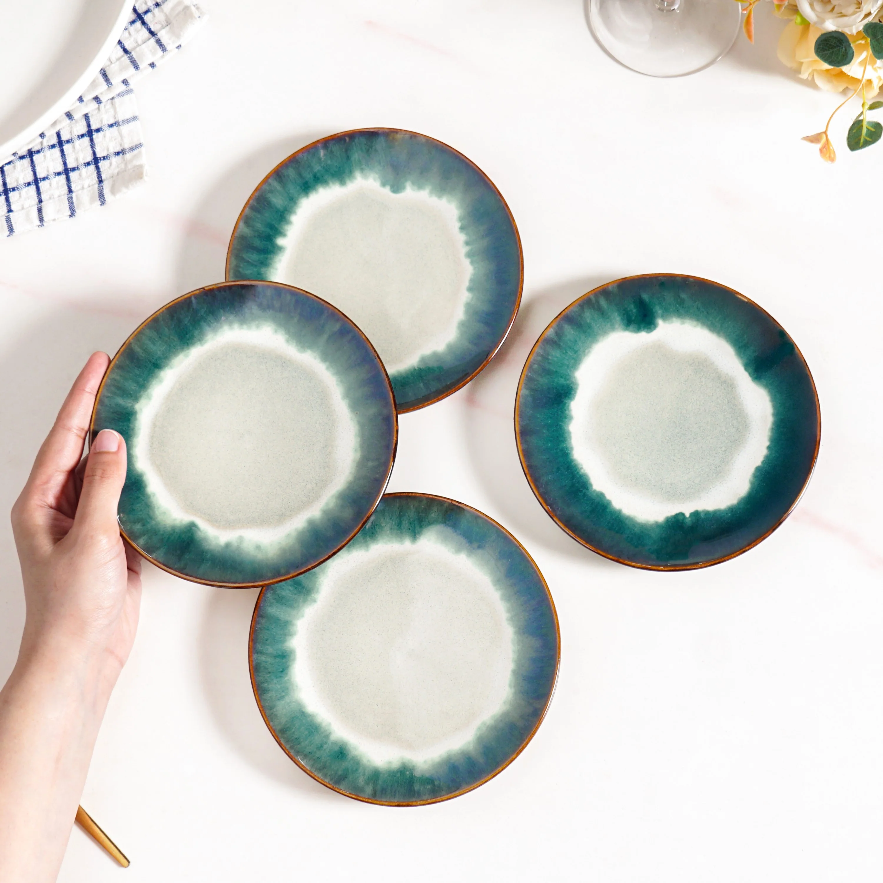 Abstract Ombre Green Ceramic Dessert Plate Set Of 4 15cm - Image 3