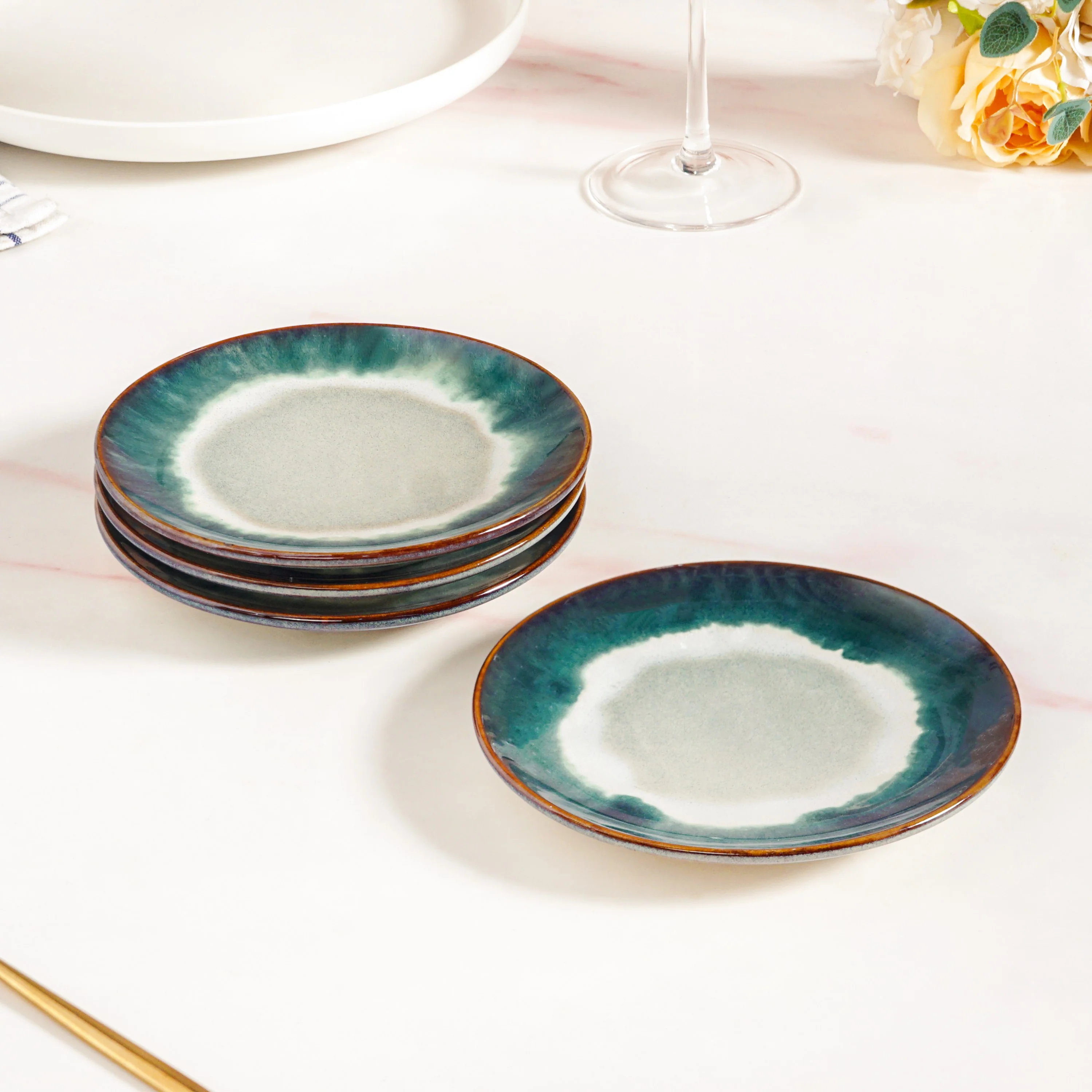 Abstract Ombre Green Ceramic Dessert Plate Set Of 4 15cm - Image 8
