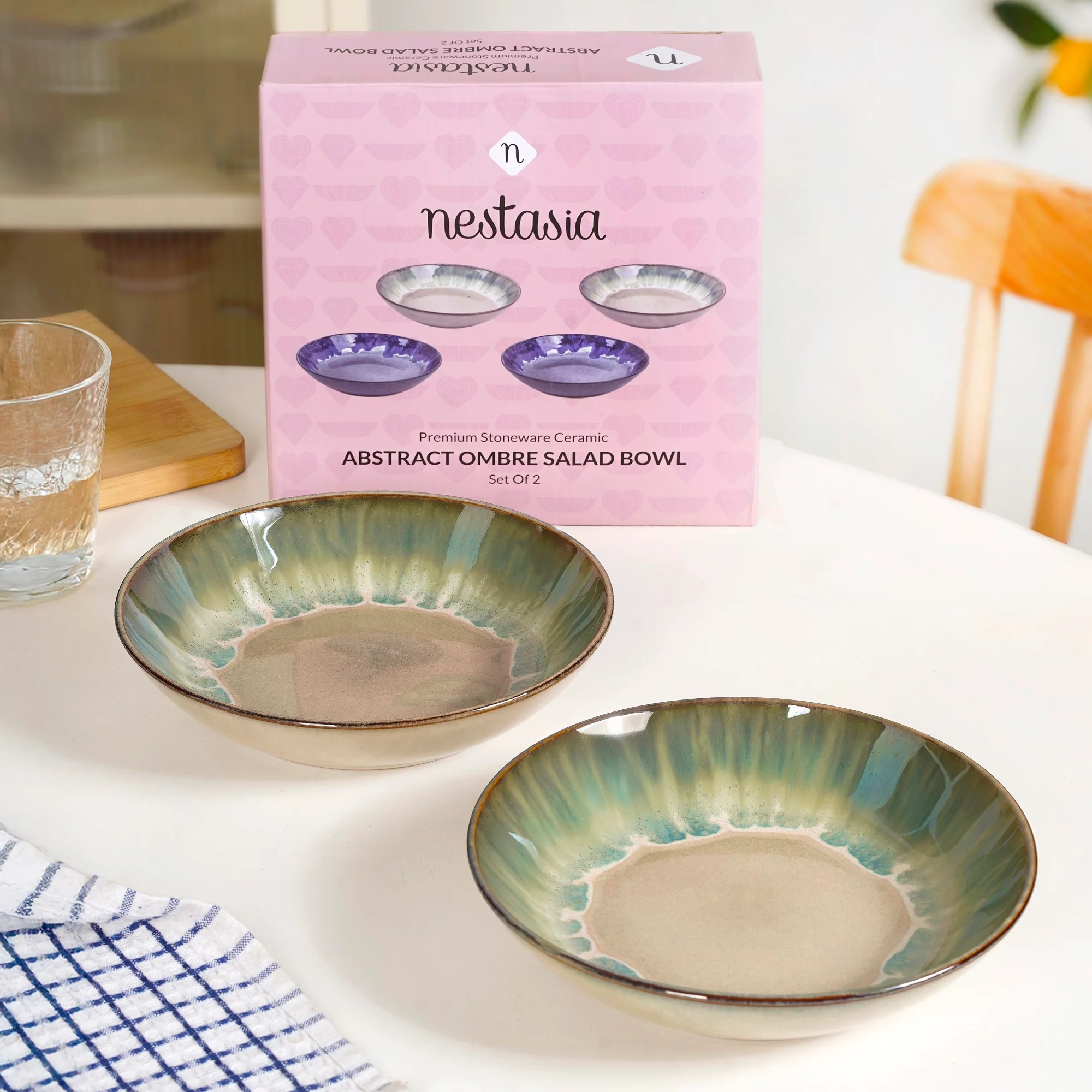Abstract Ombre Green Ceramic Salad Bowl Set Of 2 650ml - Image 8