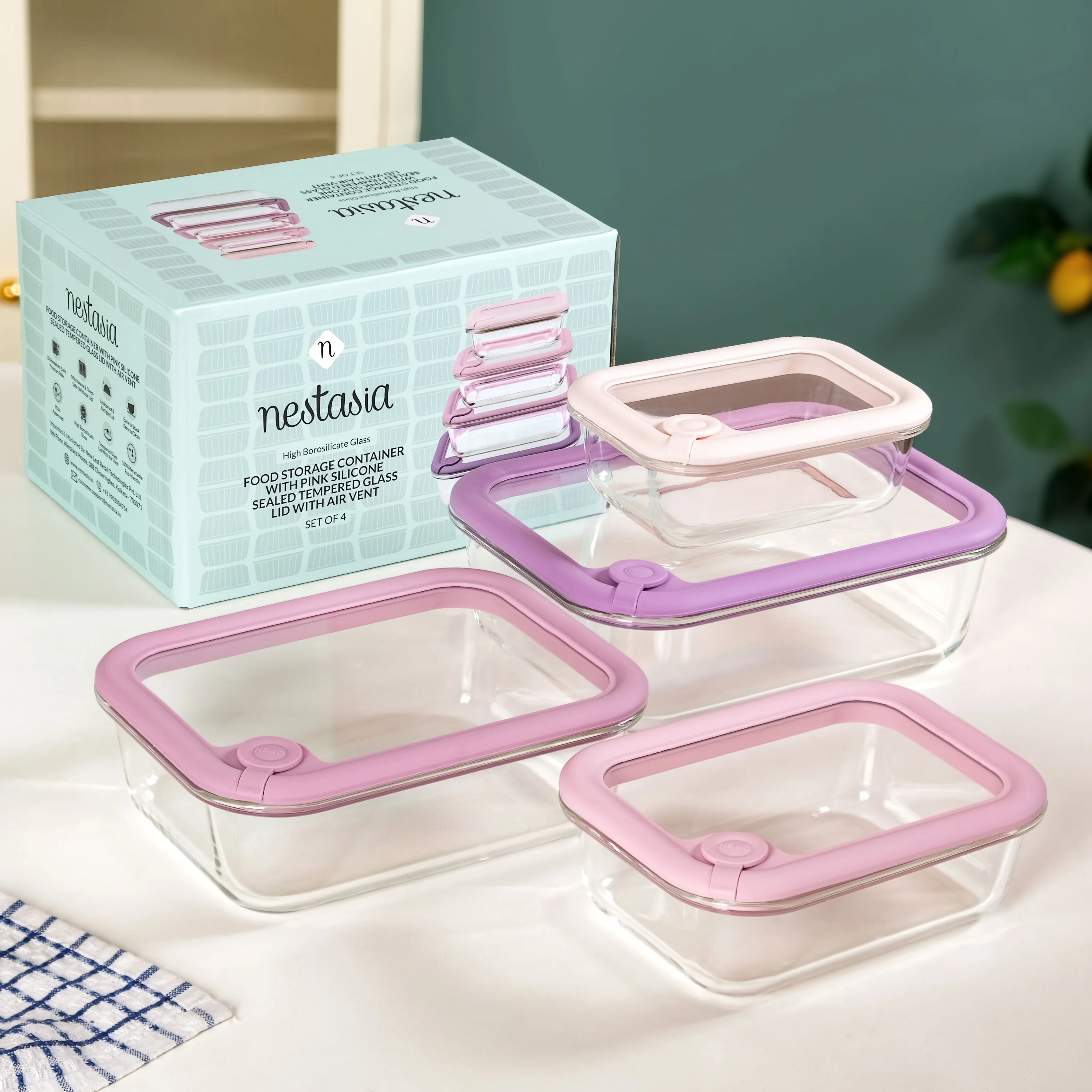 Air Vent Tempered Glass Lid Food Storage Container Set Of 4 Pink Ombre 370ml 640ml 1040ml 1520ml - Image 2