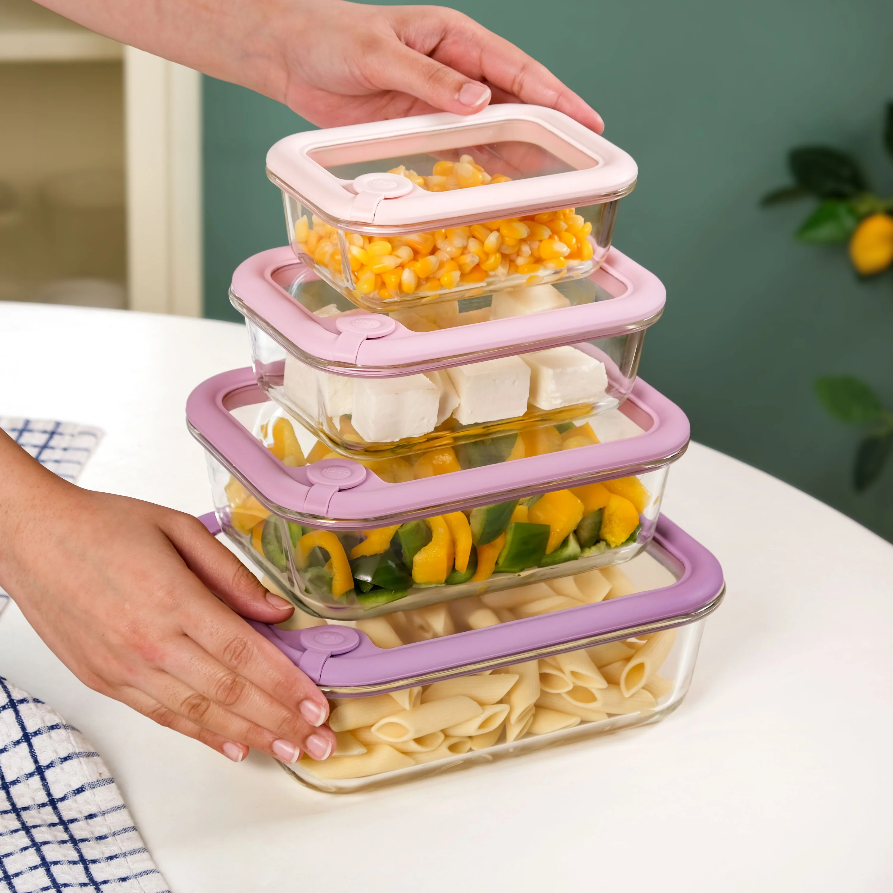 Air Vent Tempered Glass Lid Food Storage Container Set Of 4 Pink Ombre 370ml 640ml 1040ml 1520ml - Image 3