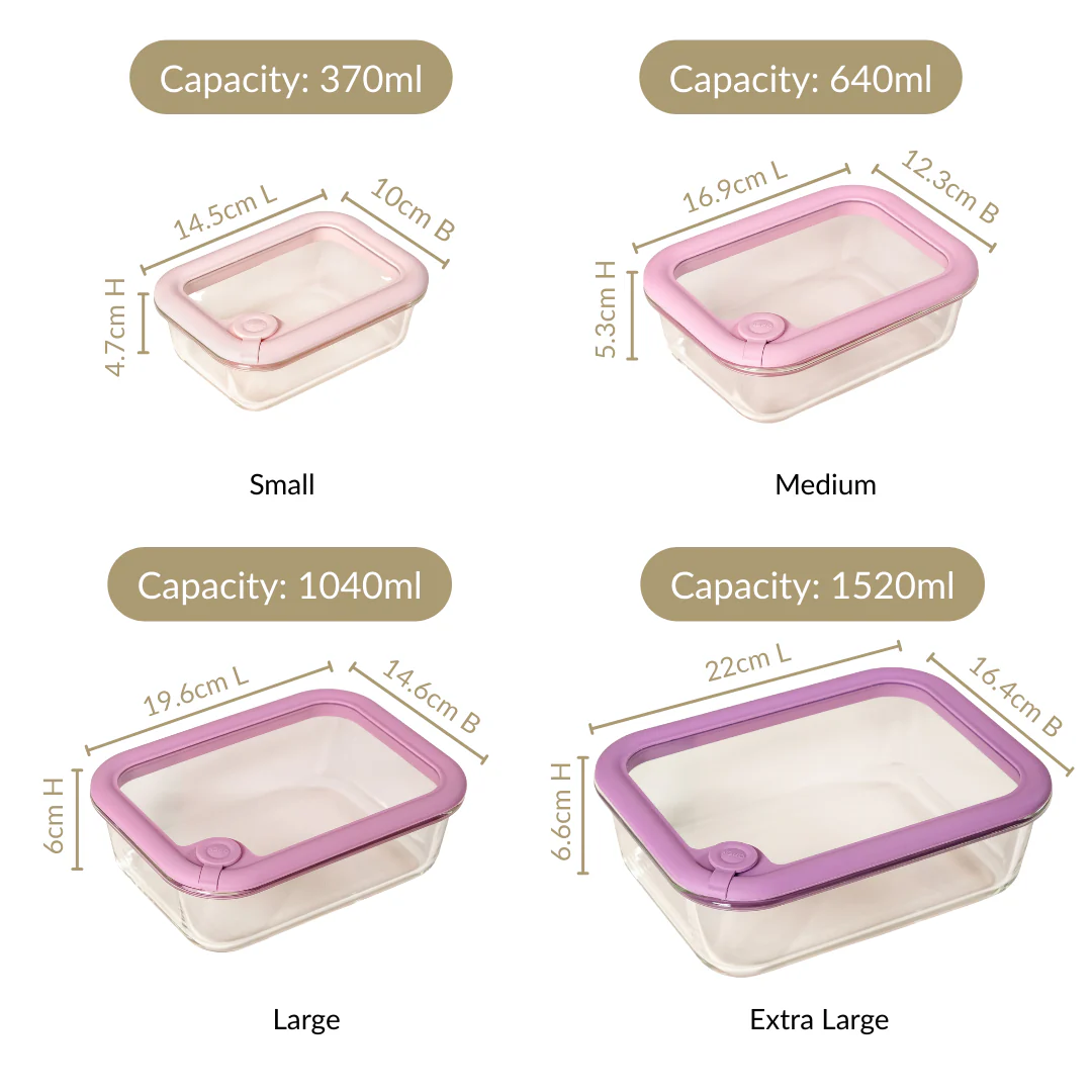 Air Vent Tempered Glass Lid Food Storage Container Set Of 4 Pink Ombre 370ml 640ml 1040ml 1520ml - Image 4