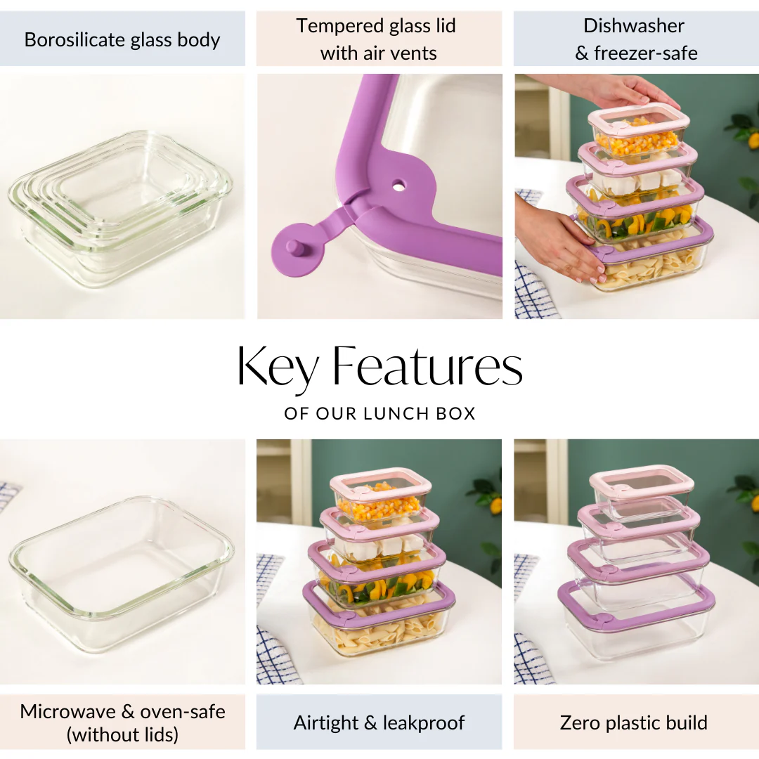 Air Vent Tempered Glass Lid Food Storage Container Set Of 4 Pink Ombre 370ml 640ml 1040ml 1520ml - Image 5