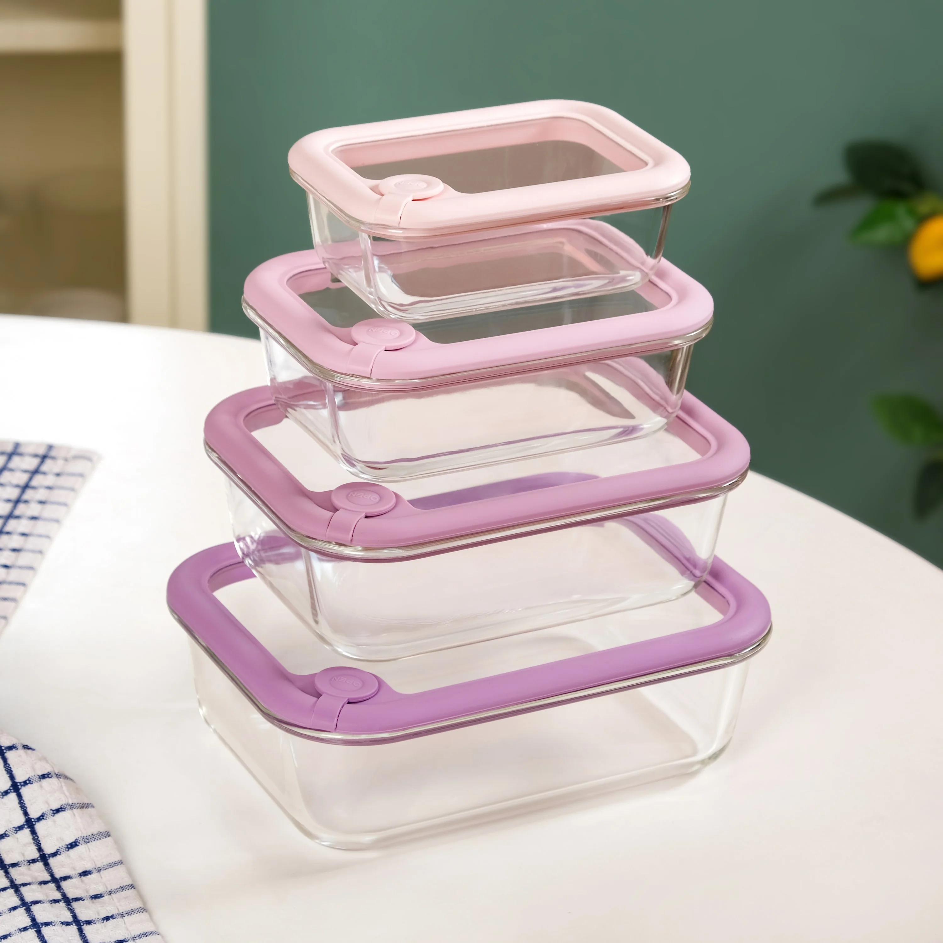 Air Vent Tempered Glass Lid Food Storage Container Set Of 4 Pink Ombre 370ml 640ml 1040ml 1520ml - Image 9