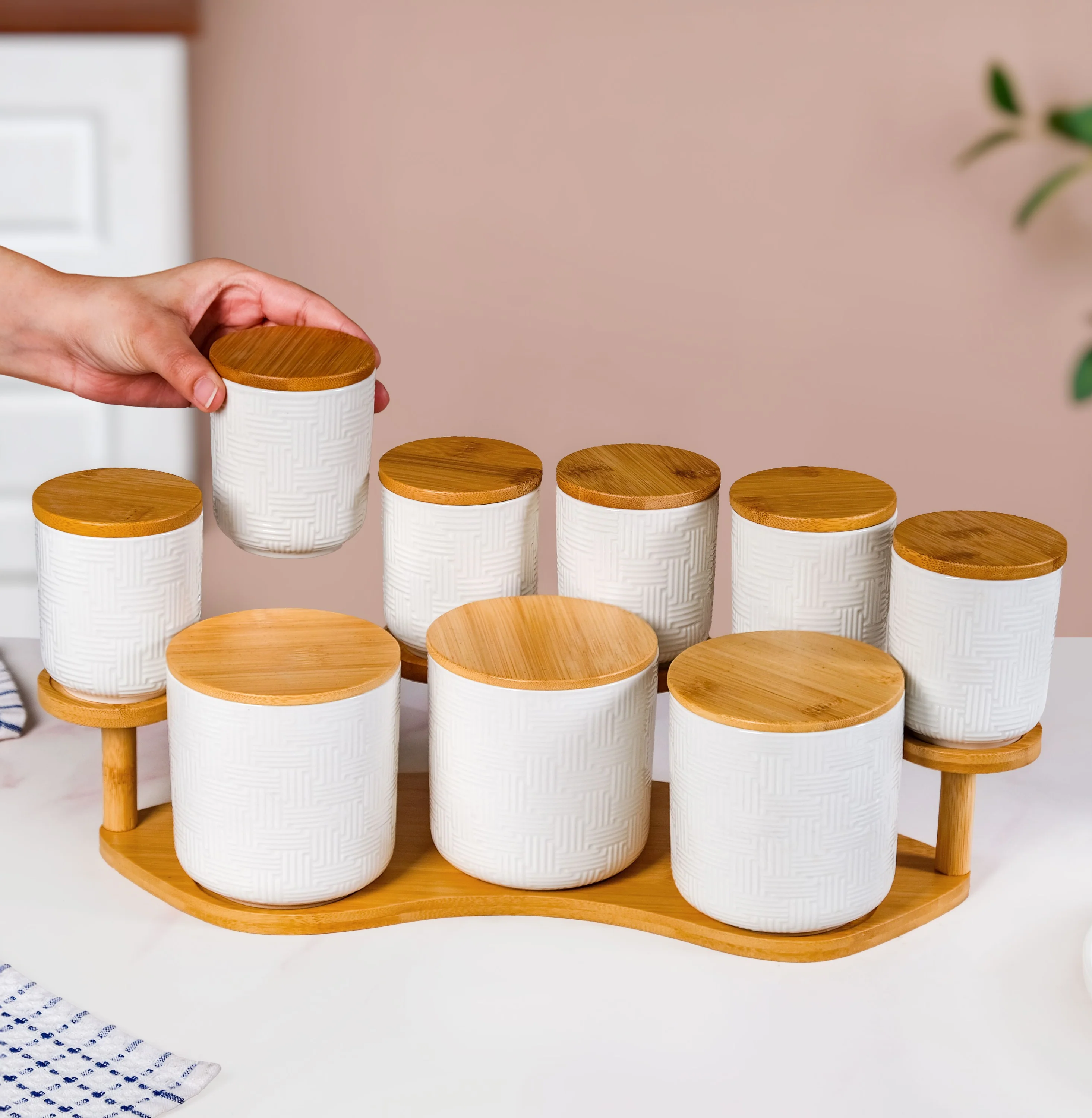Airtight Ceramic Jar Set Of 9 With Stand - Image 2