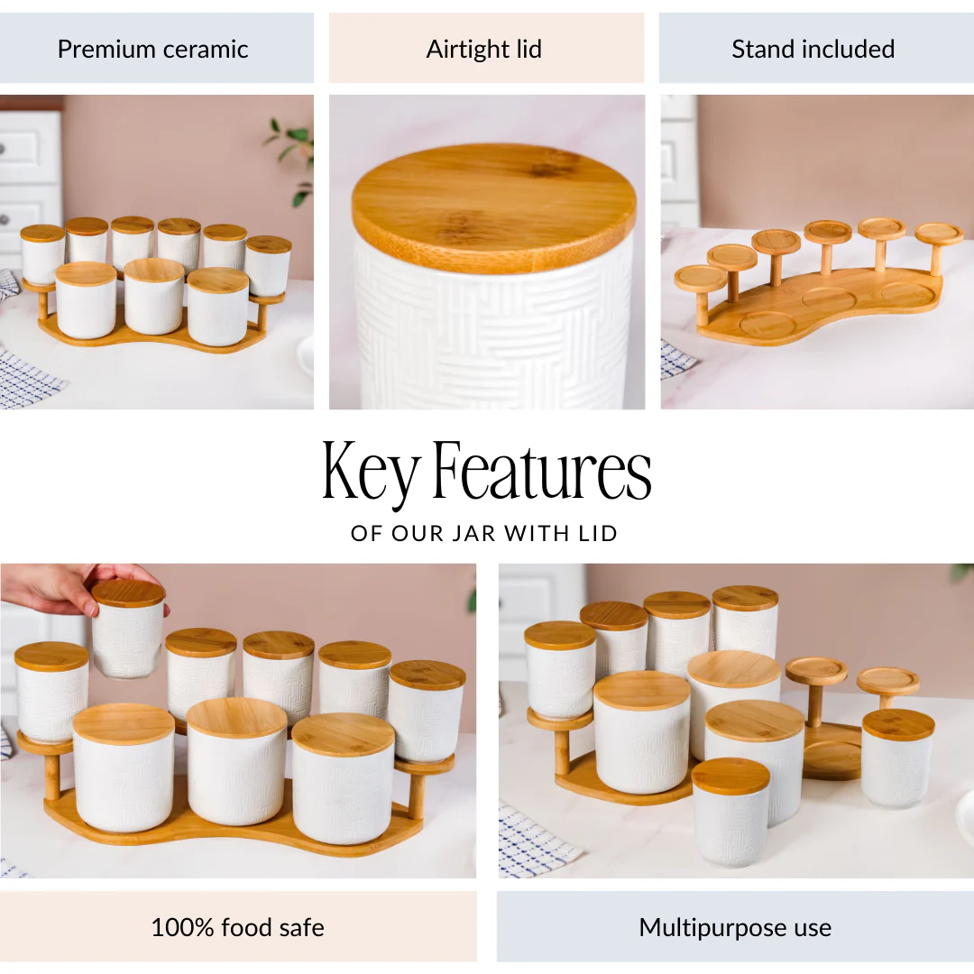 Airtight Ceramic Jar Set Of 9 With Stand - Image 4