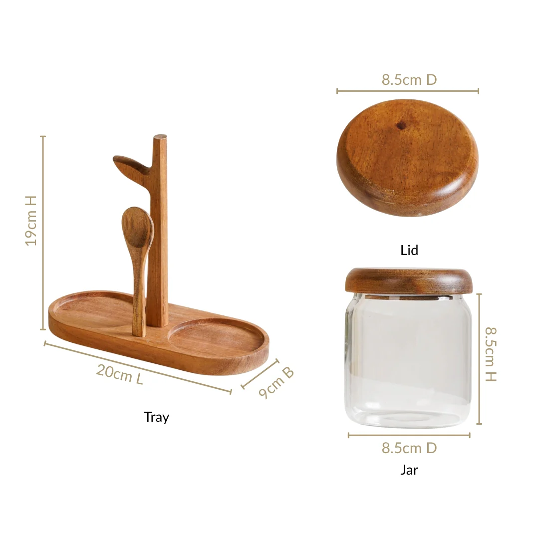 Acacia Wood Glass Jars And Spoon With Leaf Stand - Image 3