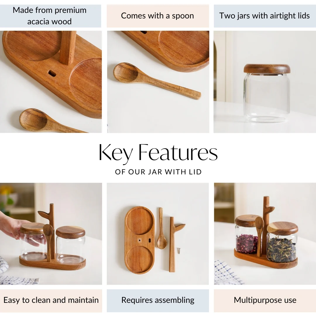 Acacia Wood Glass Jars And Spoon With Leaf Stand - Image 4