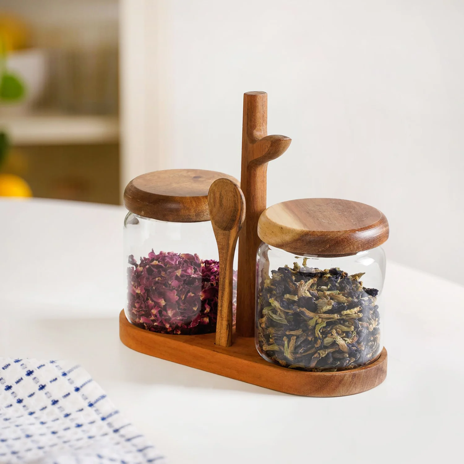 Acacia Wood Glass Jars And Spoon With Leaf Stand - Image 7