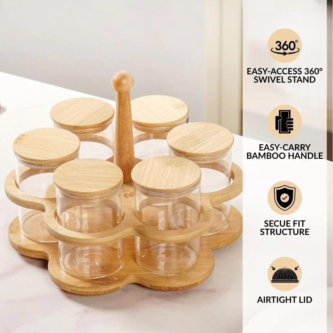 Airtight Glass Jars With Rotating Stand Set Of 7 300ml - Image 2