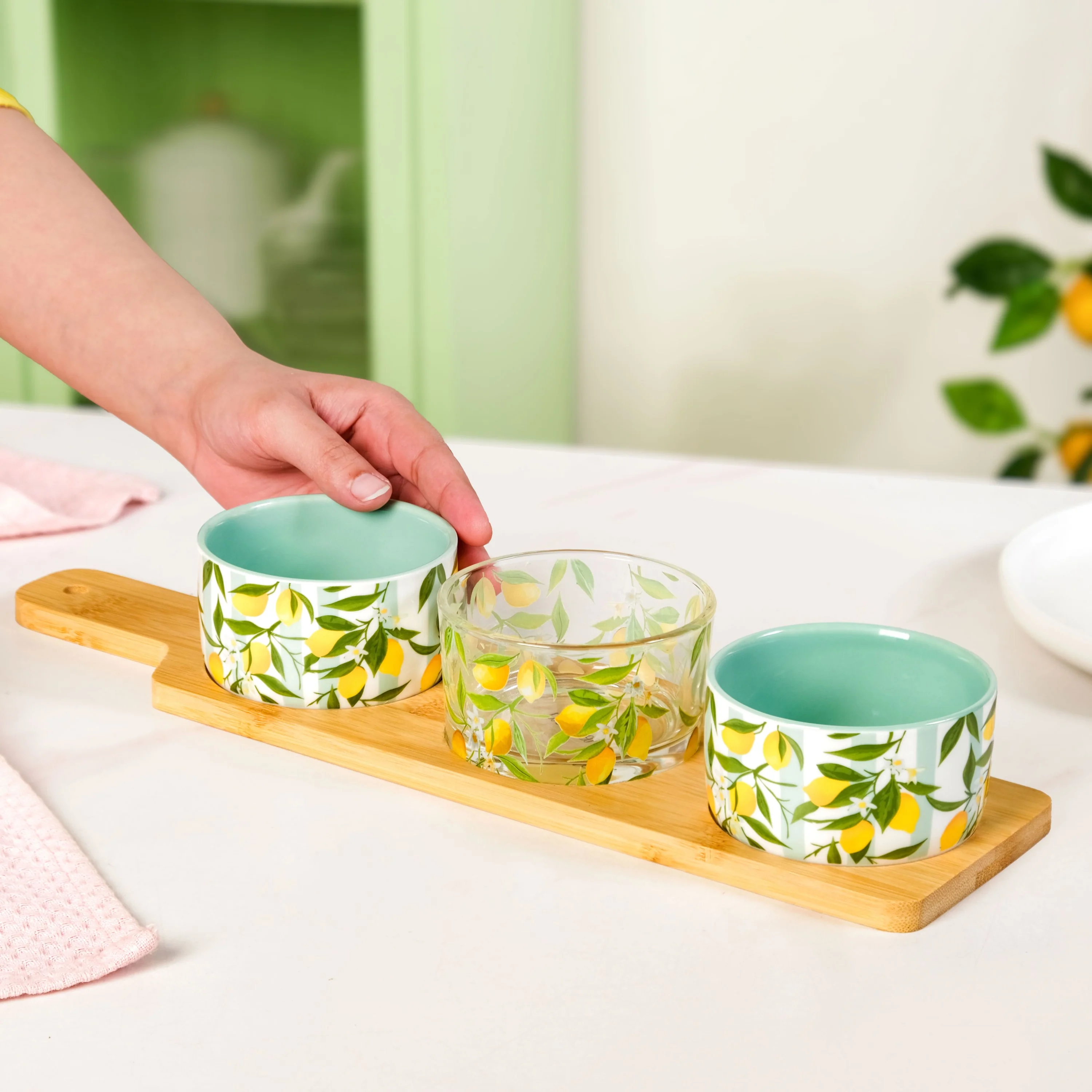 Amalfi Lemon Bowls With Bamboo Tray Set Of 4 - Image 3