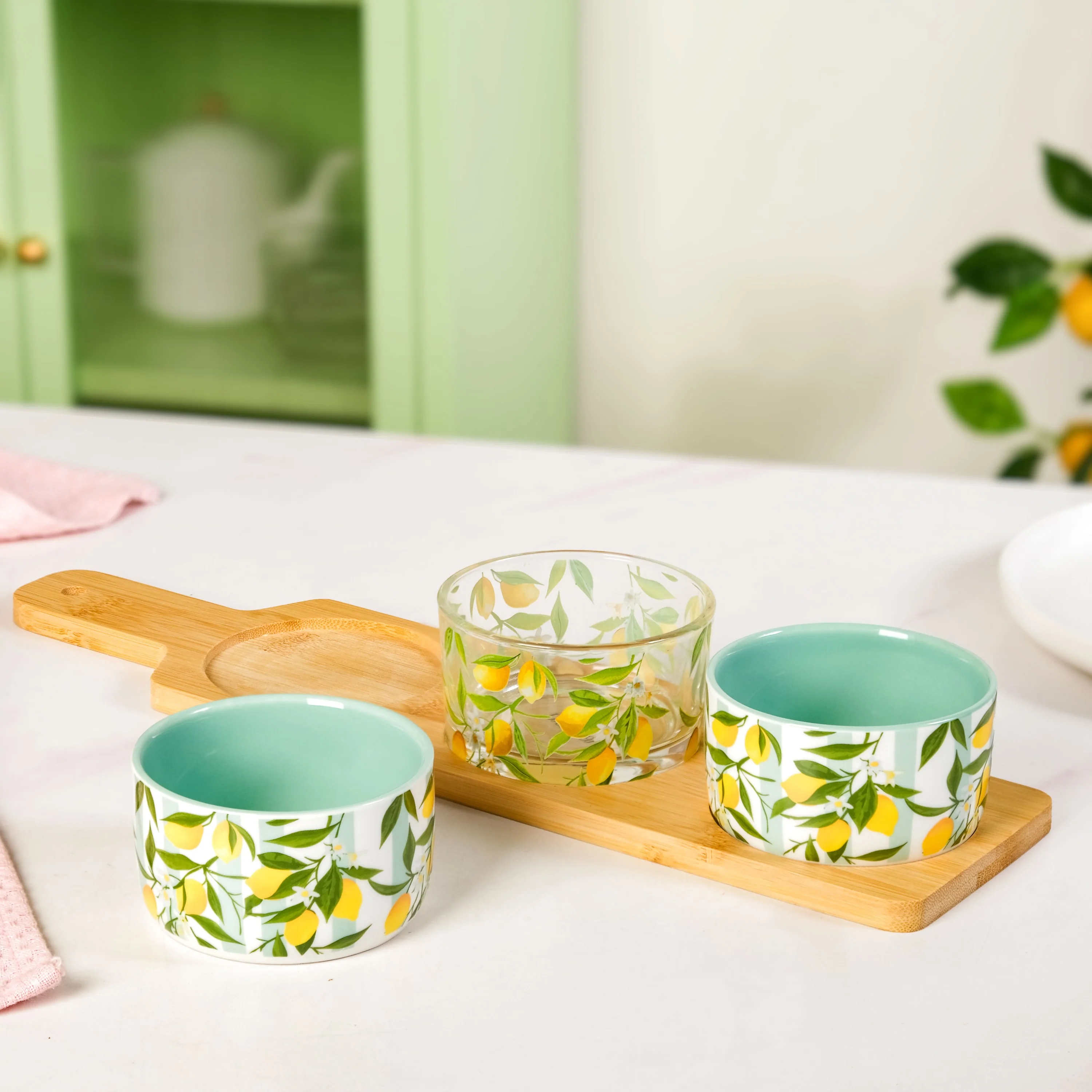 Amalfi Lemon Bowls With Bamboo Tray Set Of 4 - Image 9