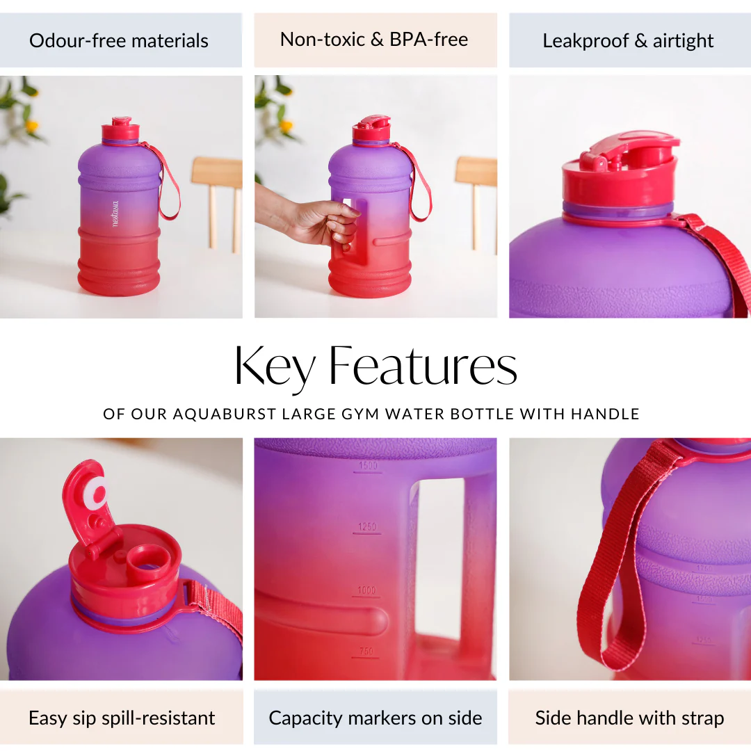 AquaBurst Large Gym Water Bottle With Handle Ombre Purple Red 2200ml - Image 6