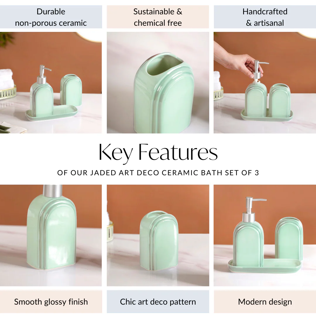 Art Deco Bathroom Set Of 3 With Tray Jade Green - Image 6