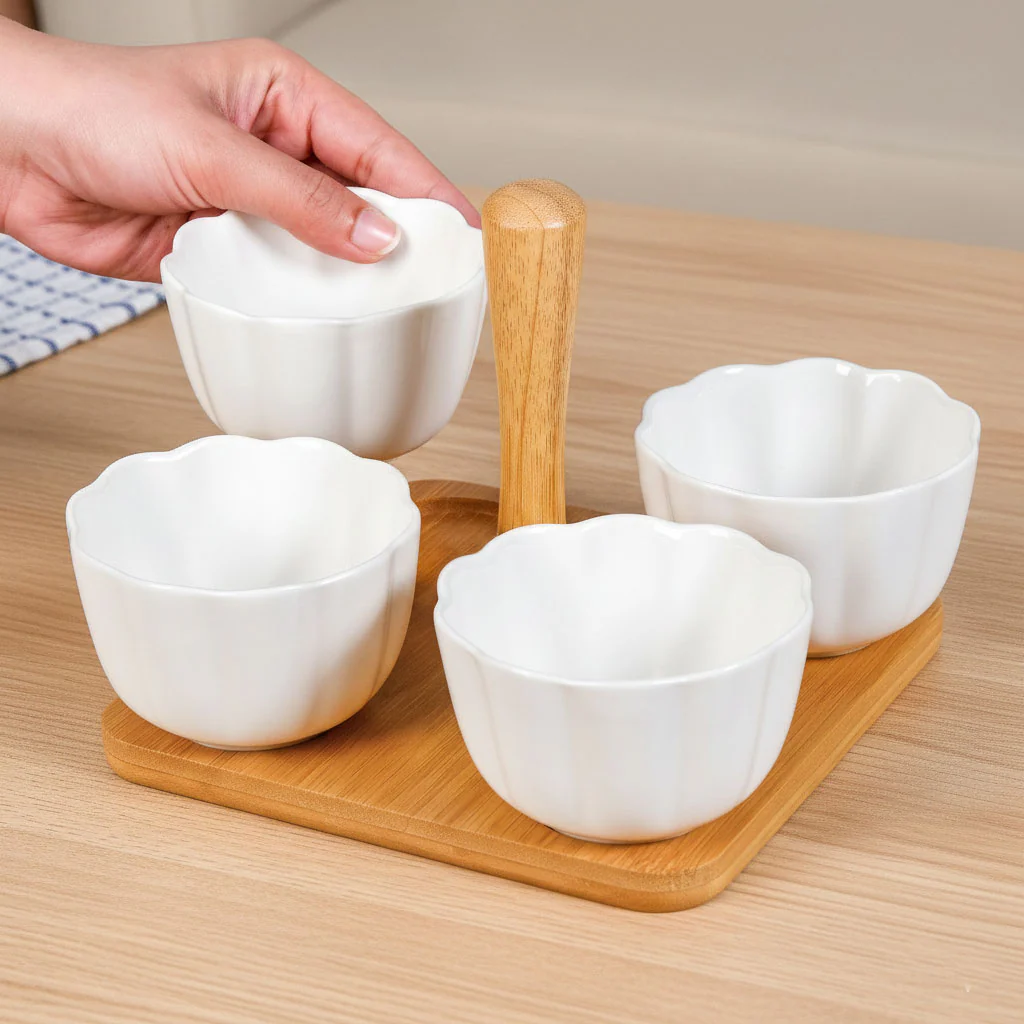 Bamboo Platter With Ceramic Bowls Set Of 5 - Image 2