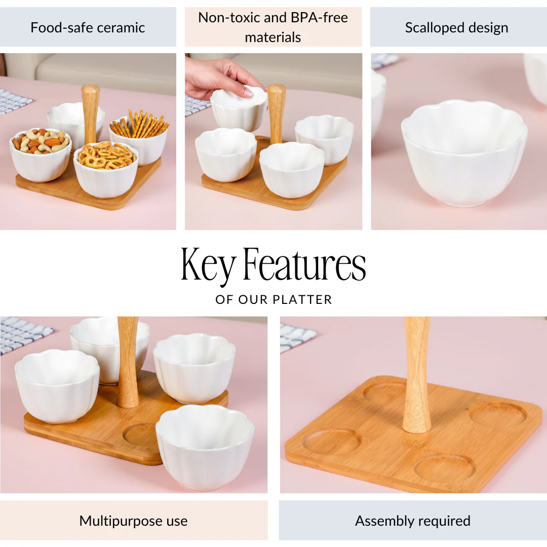Bamboo Platter With Ceramic Bowls Set Of 5 - Image 4
