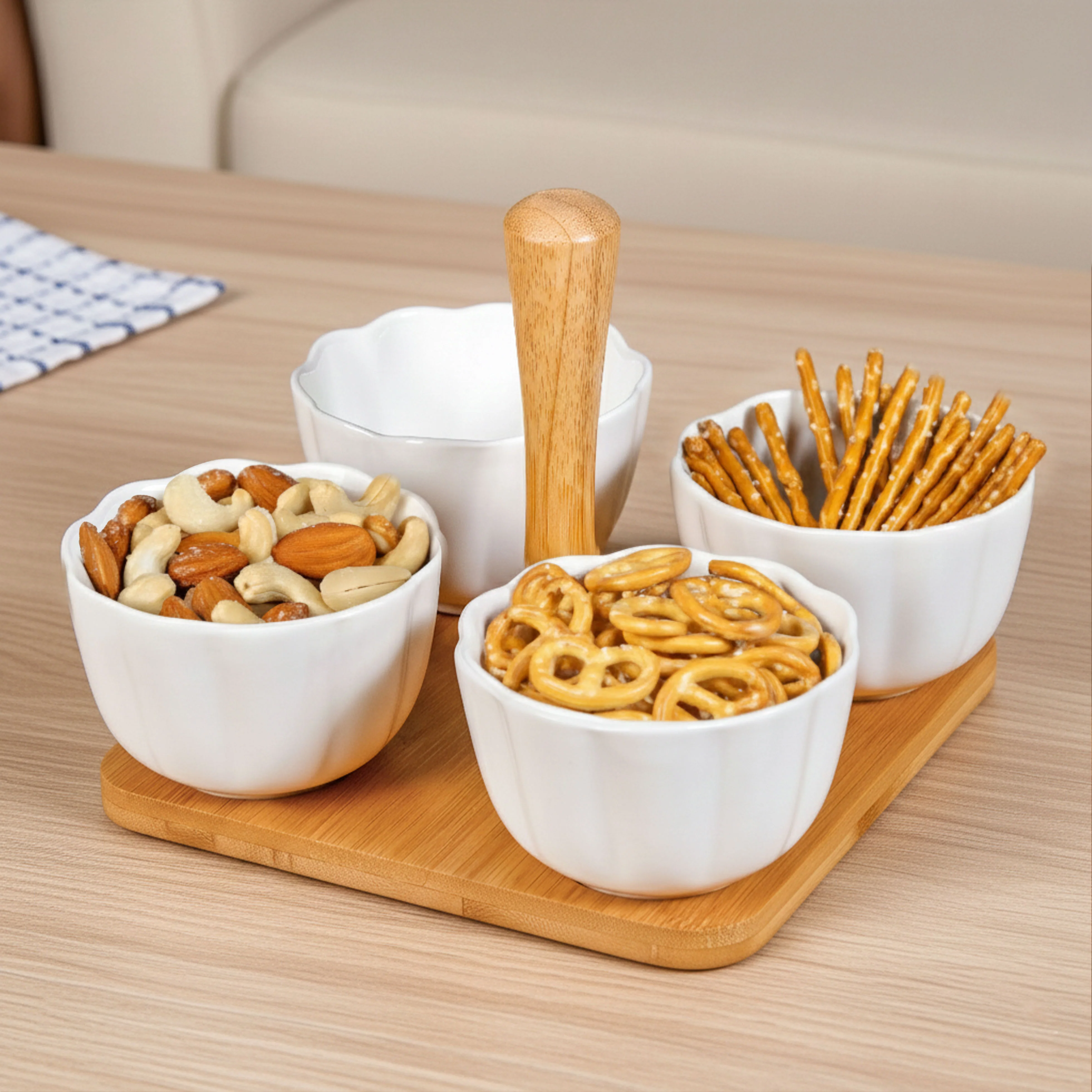 Bamboo Platter With Ceramic Bowls Set Of 5 - Image 6