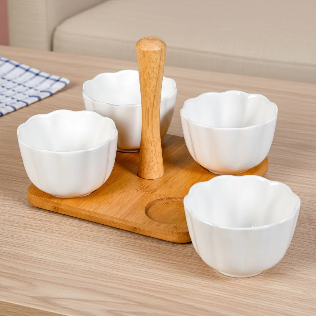 Bamboo Platter With Ceramic Bowls Set Of 5 - Image 7