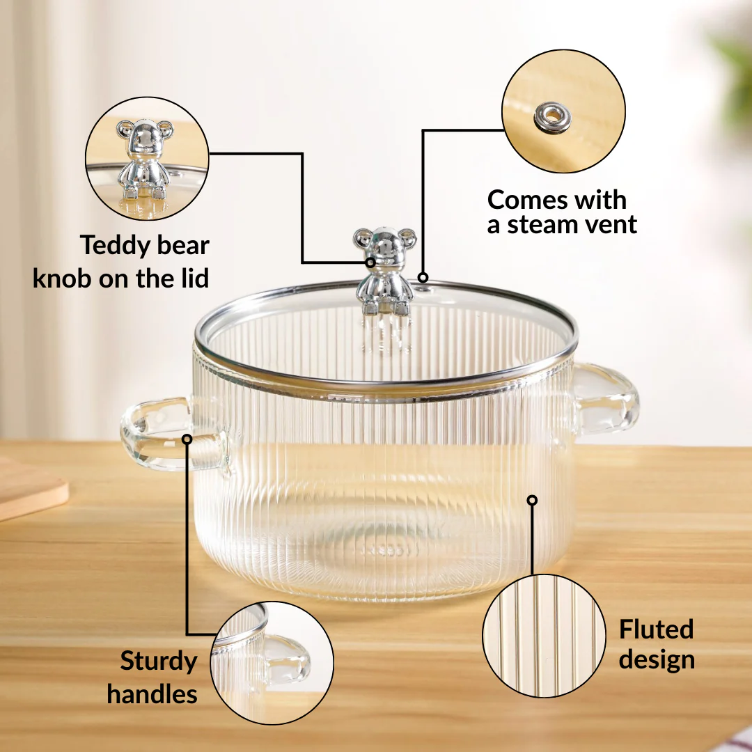 Bear Lid Borosilicate Glass Cooking Pot 1600ml - Image 3