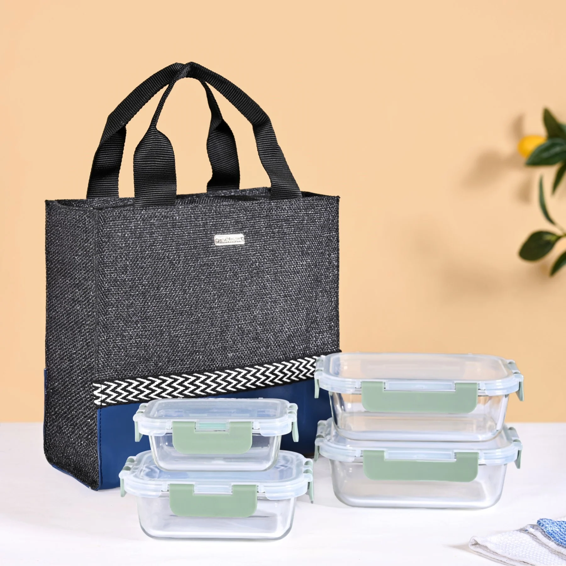 Black Blue Jute Lunch Bag - Image 10