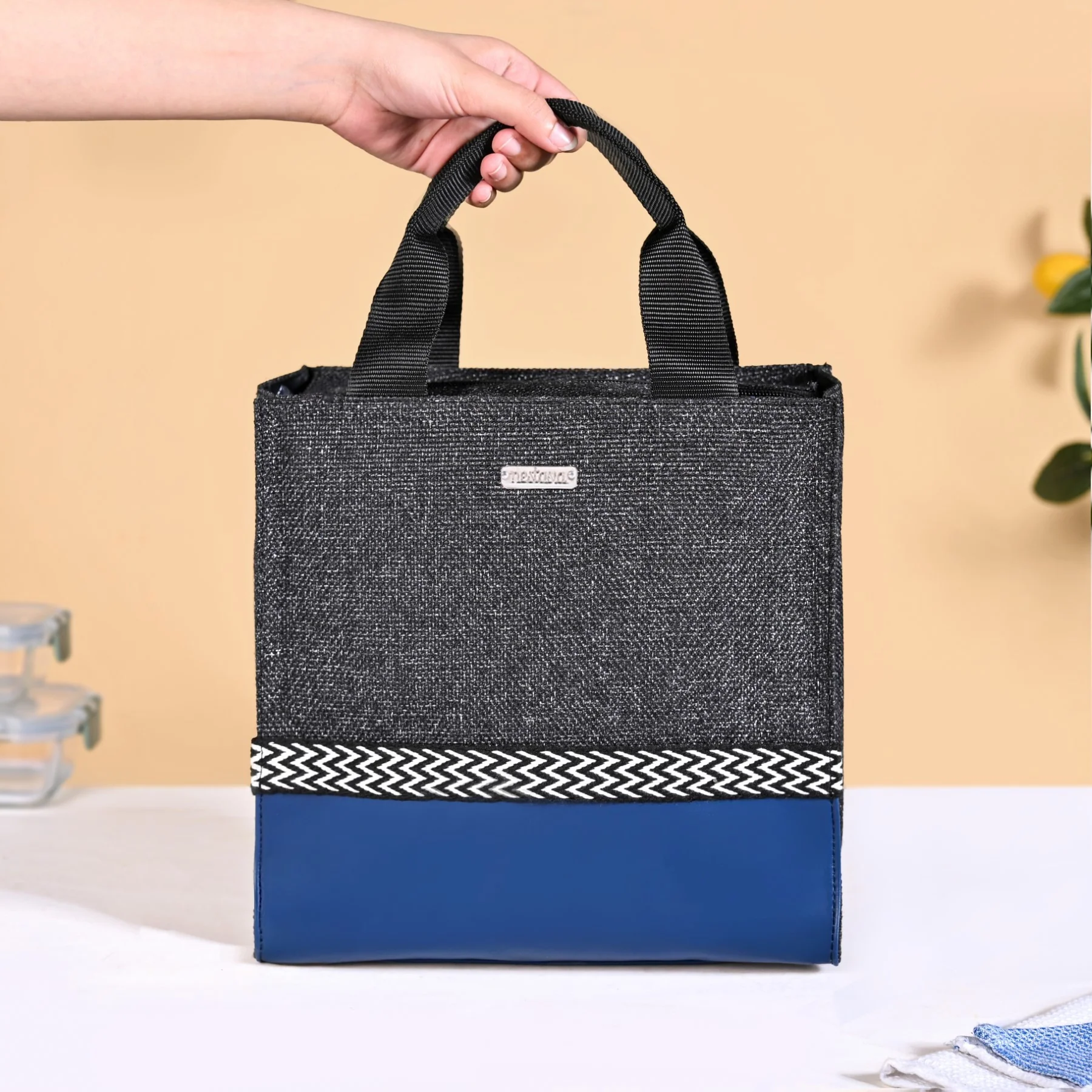 Black Blue Jute Lunch Bag - Image 2