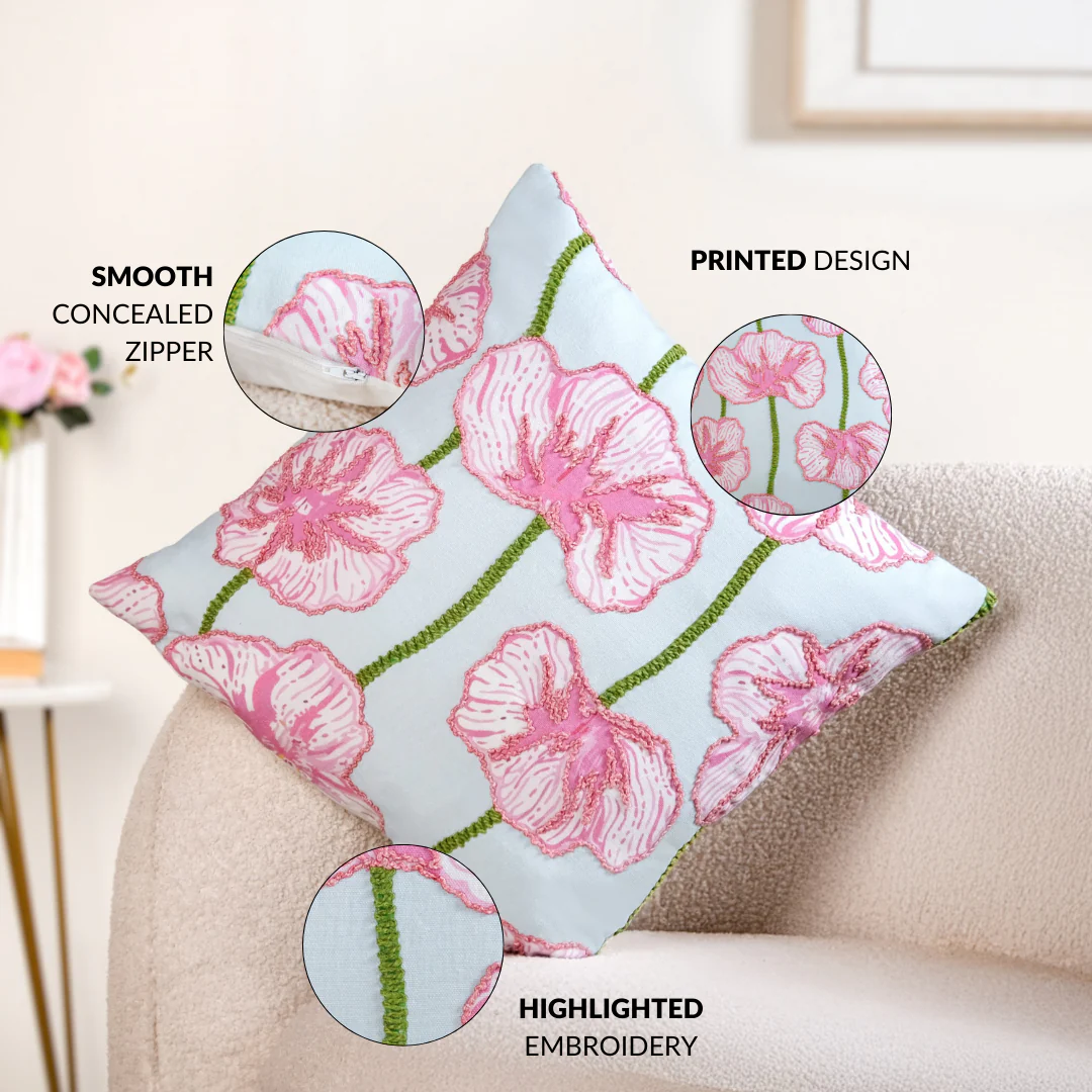 Blooming Blush Embroidered Cotton Cushion Cover 40x40cm - Image 4