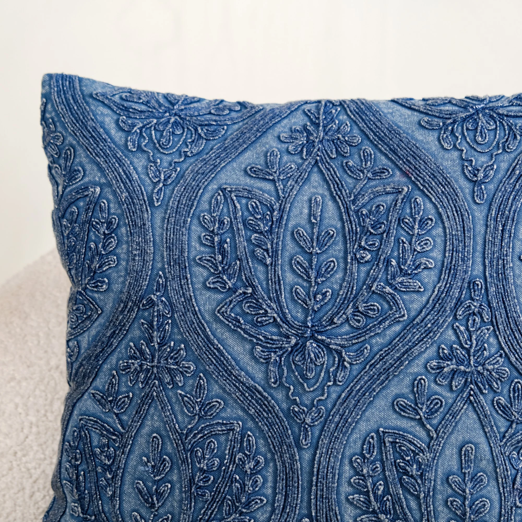 Blue Stonewash Embroidered Cotton Cushion Cover 40x40cm - Image 2