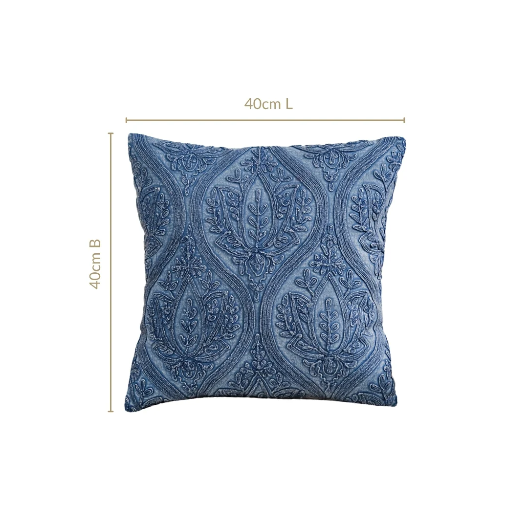 Blue Stonewash Embroidered Cotton Cushion Cover 40x40cm - Image 3
