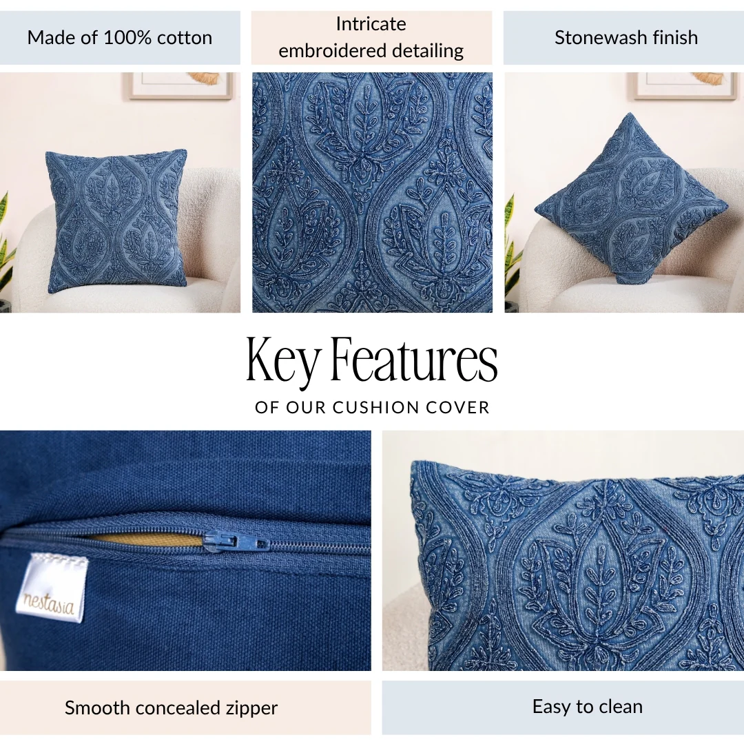 Blue Stonewash Embroidered Cotton Cushion Cover 40x40cm - Image 4