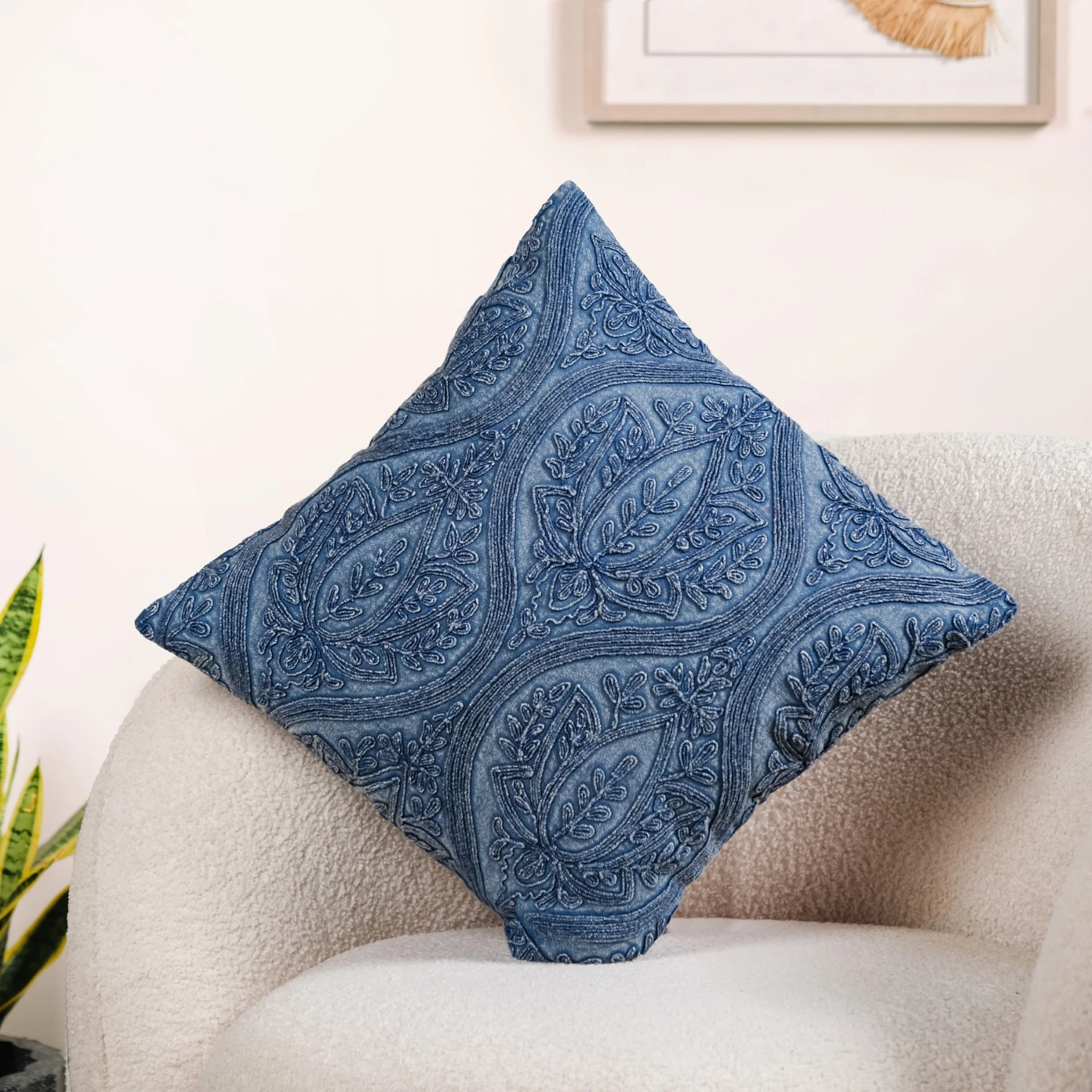 Blue Stonewash Embroidered Cotton Cushion Cover 40x40cm - Image 8